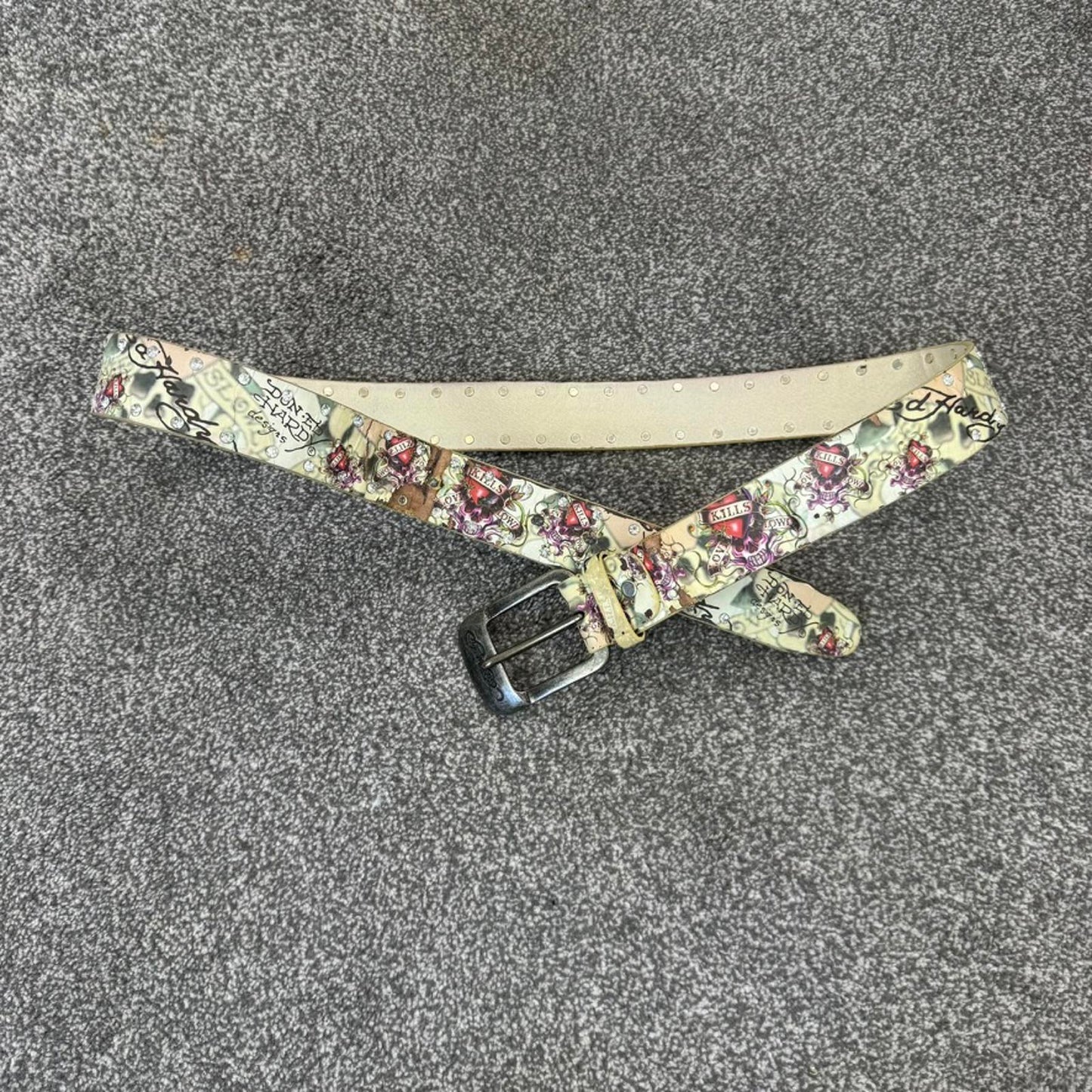 Y2K vintage Ed Hardy faux leather rhinestone belt silver buckle skull heart