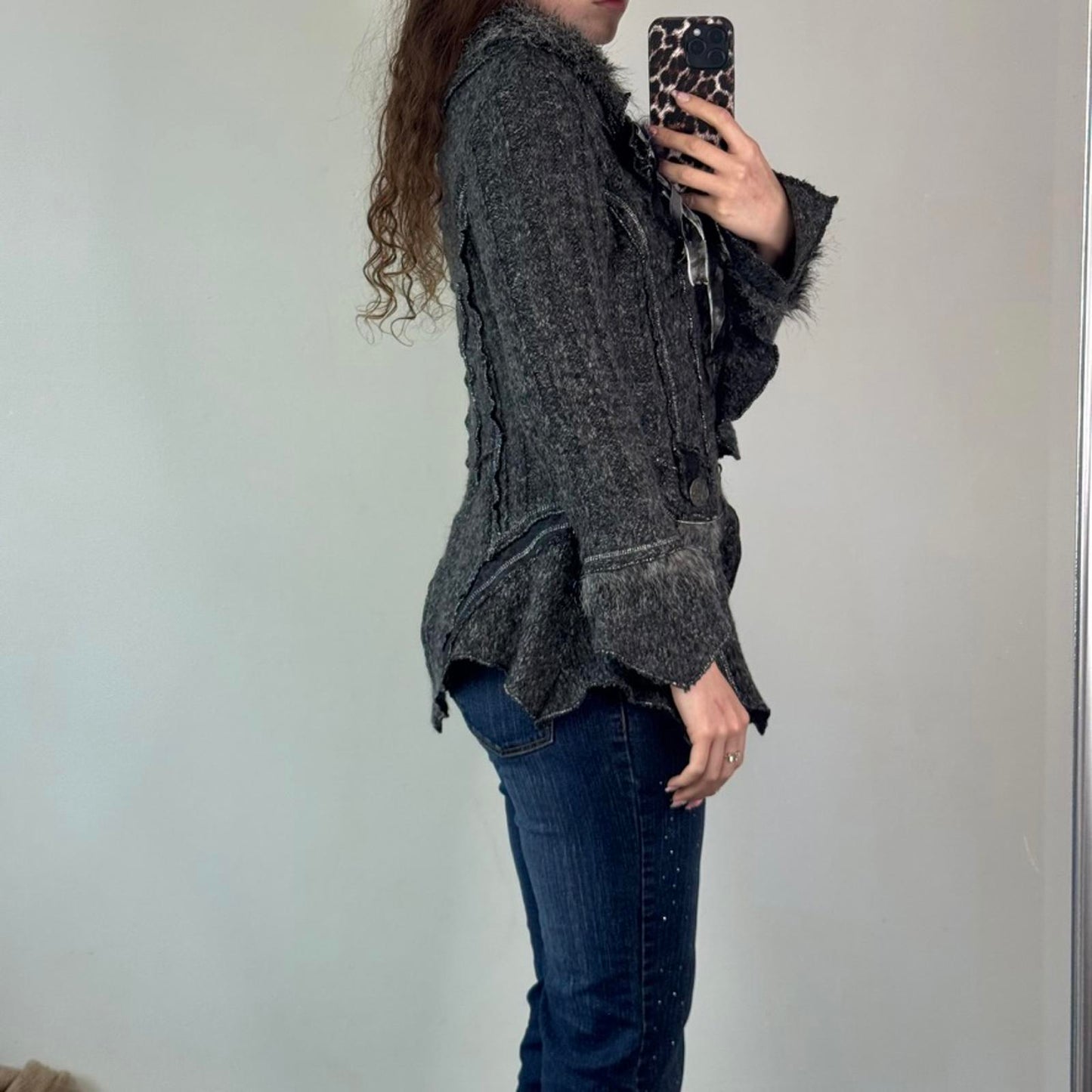 Y2K vintage archive knit patchwork zip up cardigan real fur leopard print button