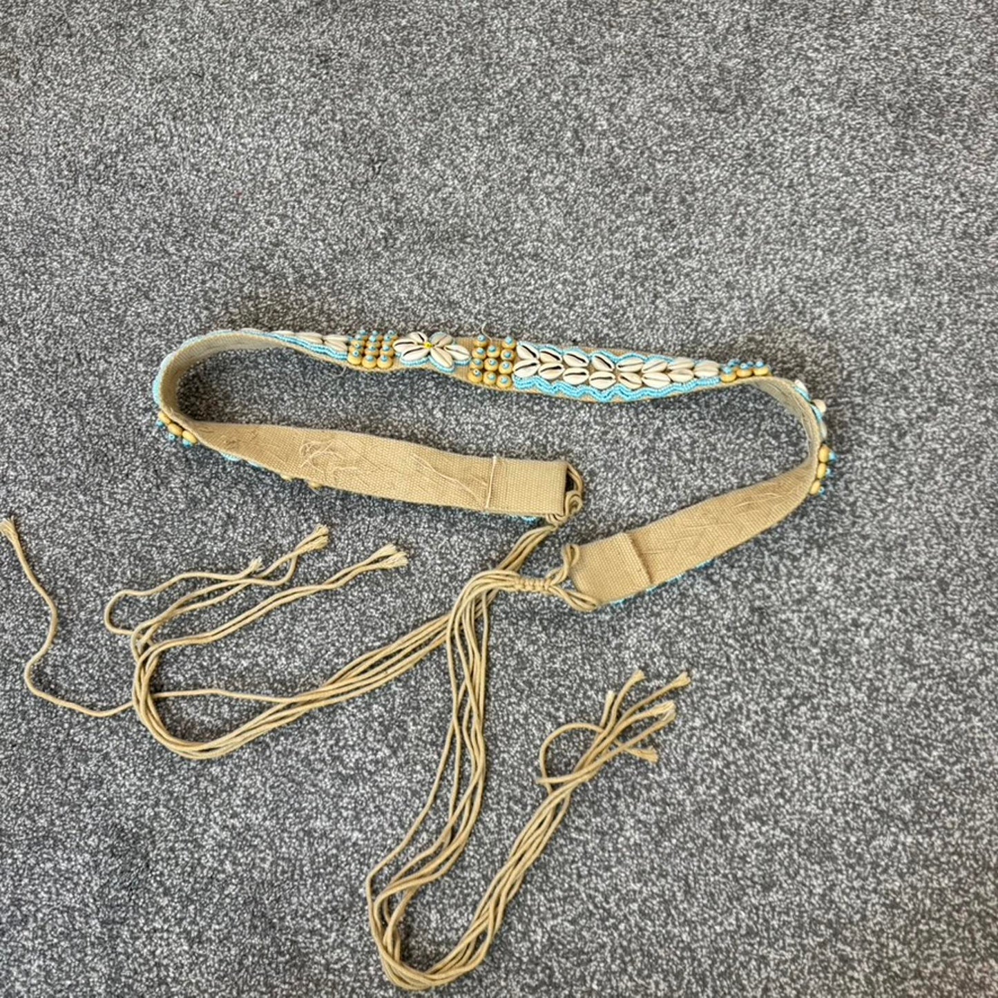 Y2K vintage seashell beaded canvas belt adjustable blue beige bow beach