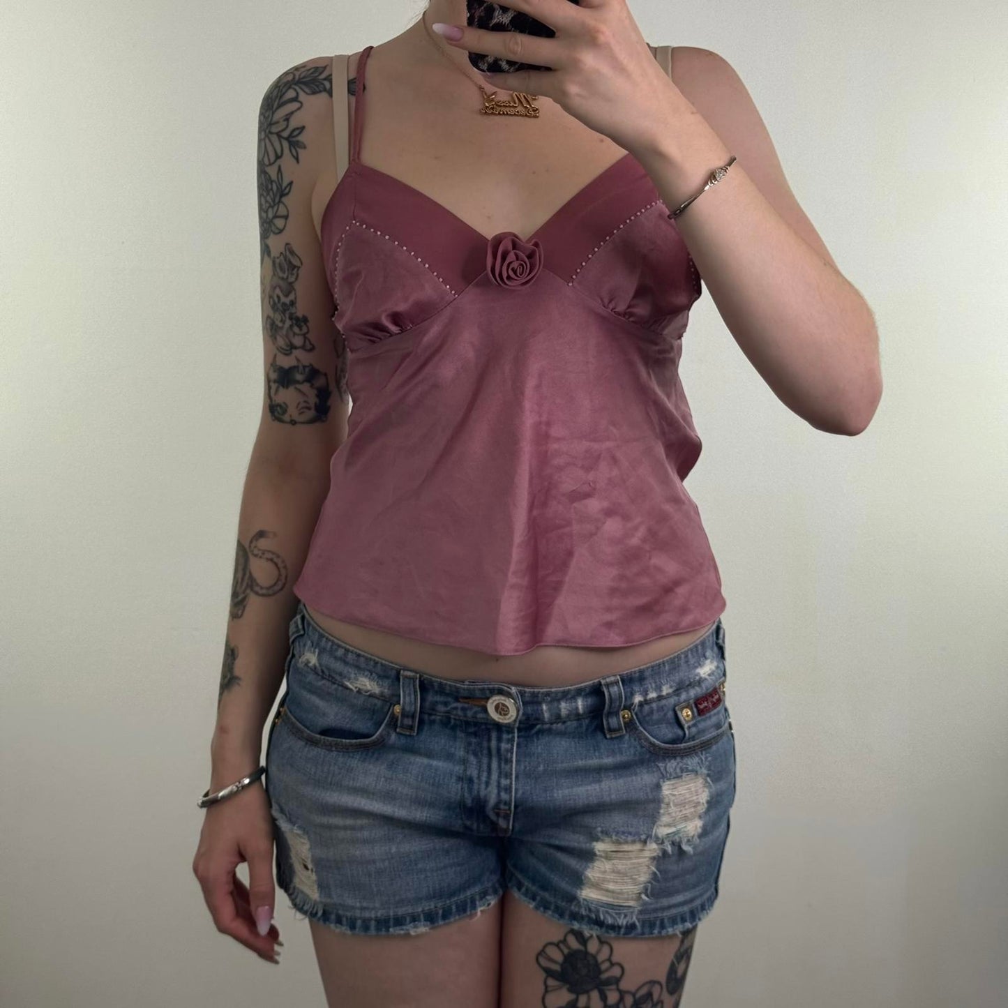 Y2K vintage floral cami top floaty beaded 3D rose dusty pink strappy coquette