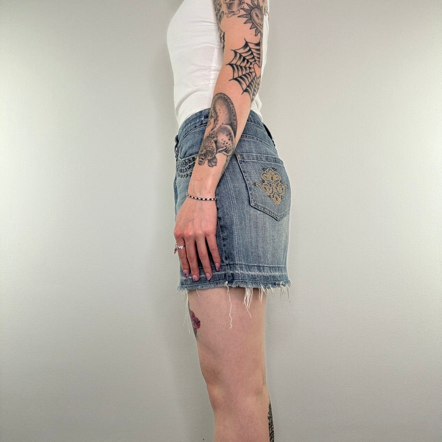 Y2K vintage studded embroidery faded denim low rise mini skirt