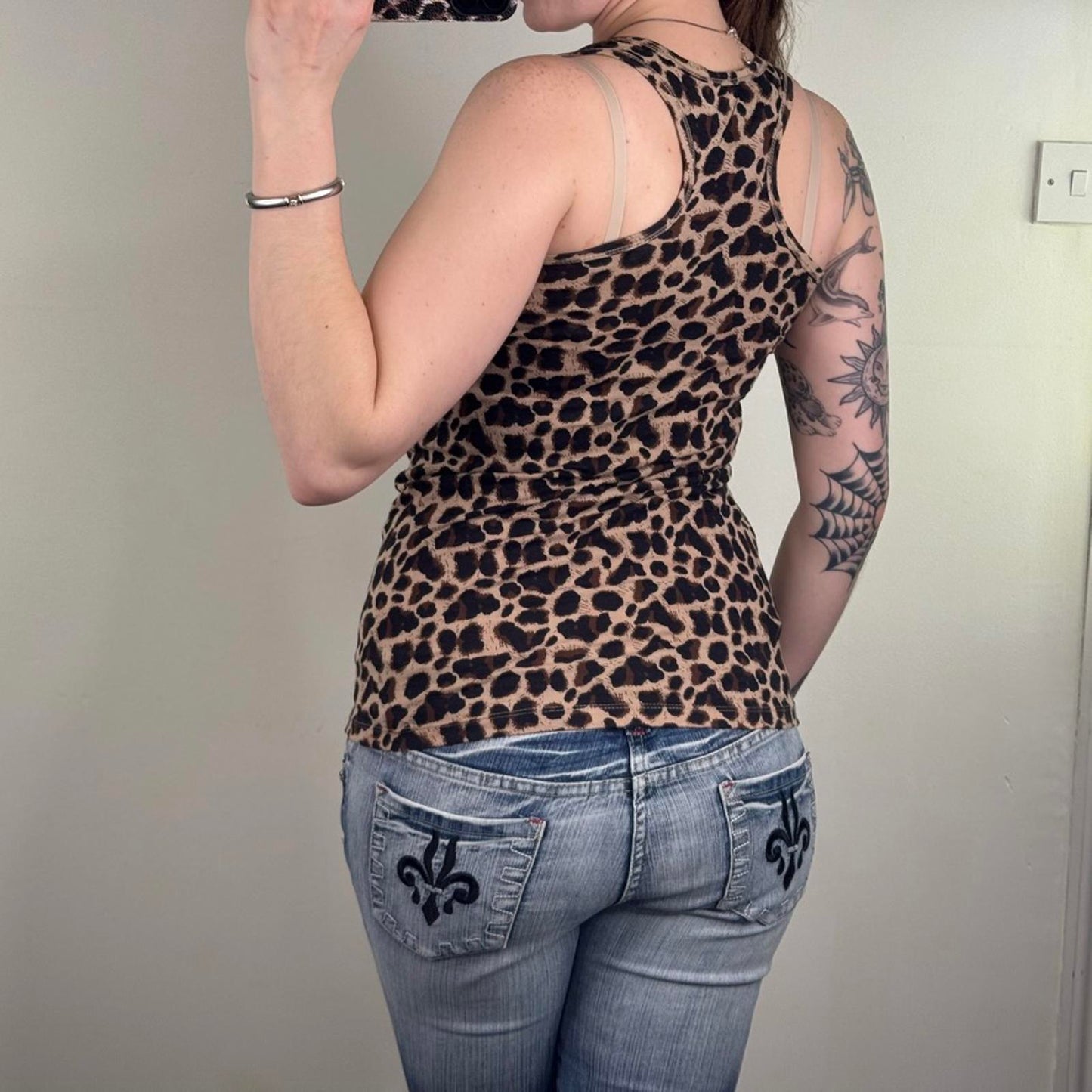 Y2K vintage leopard print tank top racerback brown shimmer round neckline