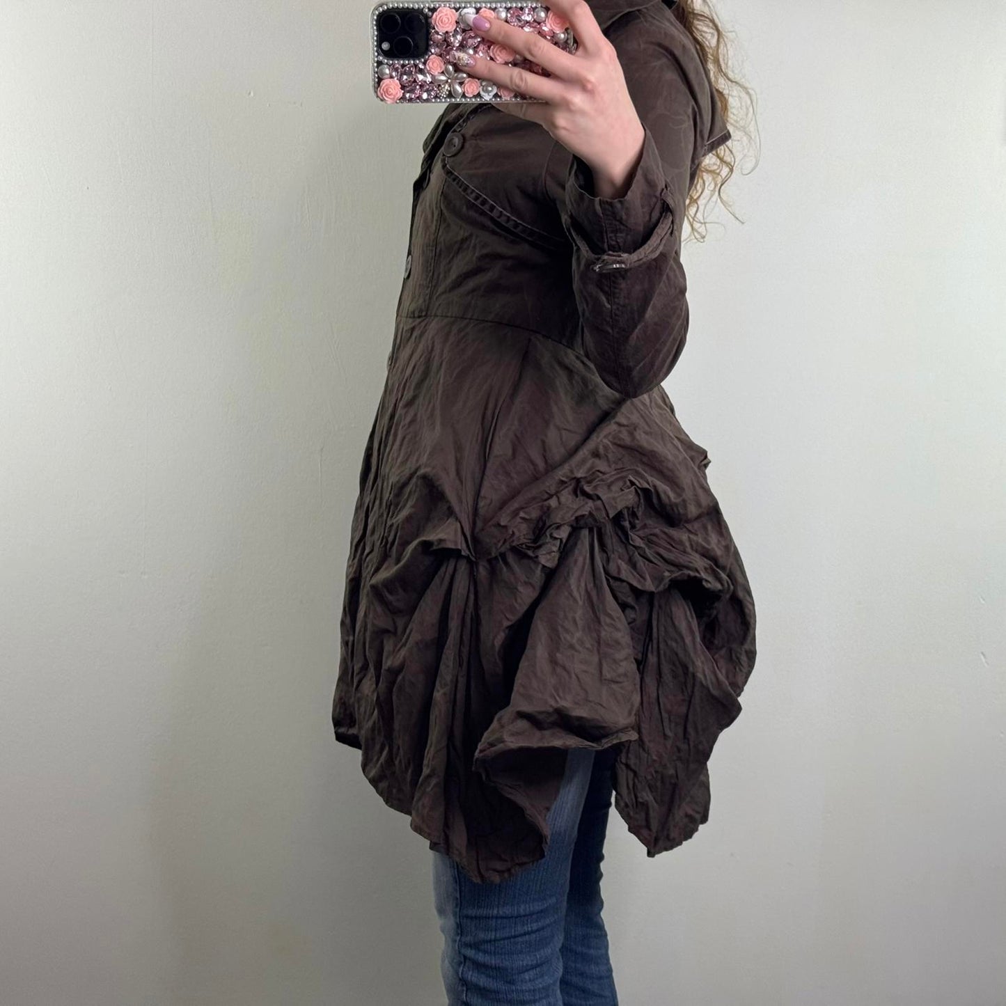 Y2K vintage ruffle layered mid knee length trench coat jacket ruffle floral