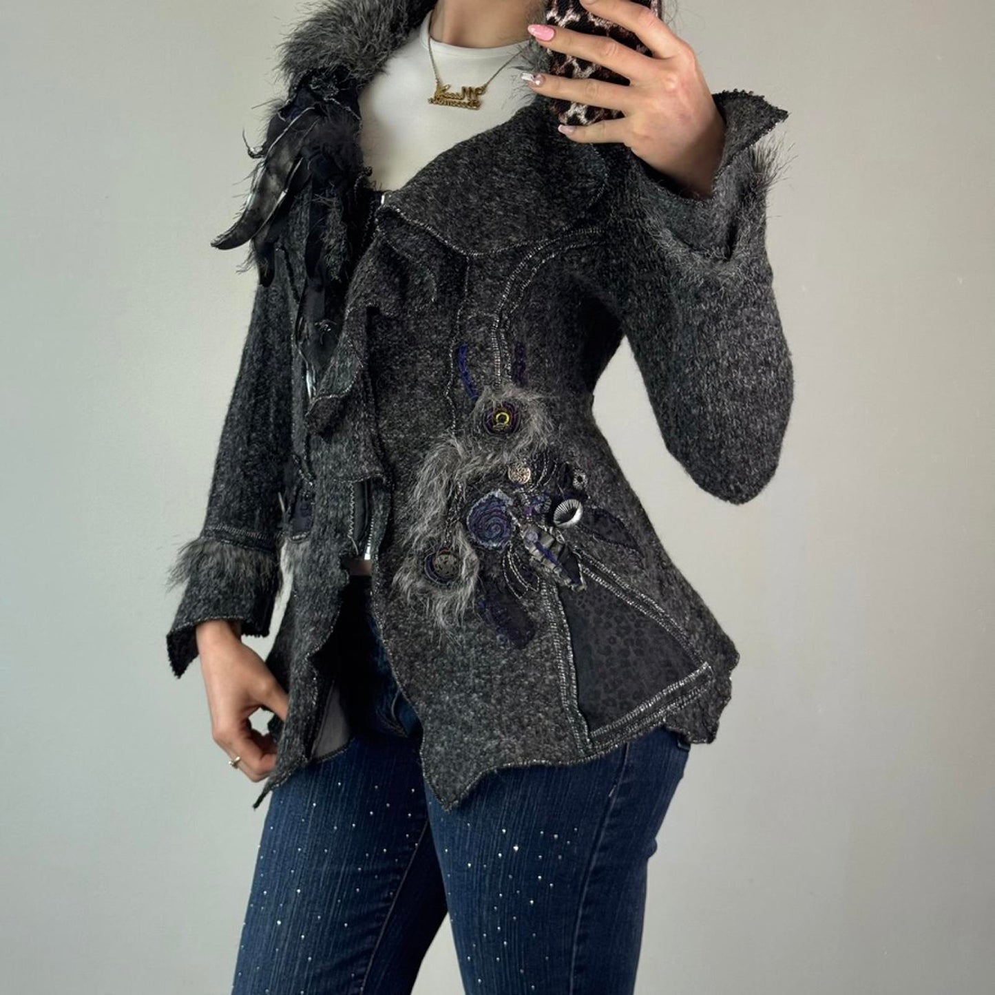 Y2K vintage archive knit patchwork zip up cardigan real fur leopard print button