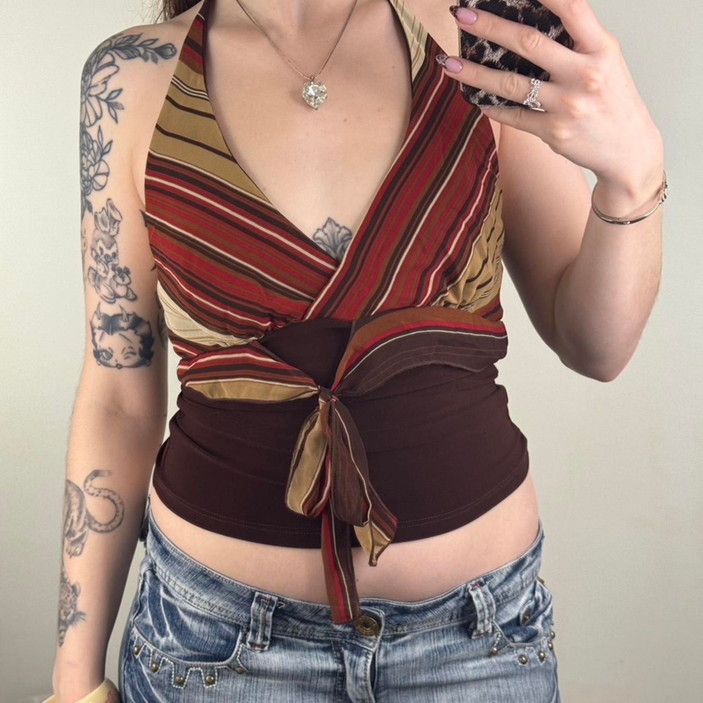 Y2K vintage halter neck top slinky v neck bow stripe low cut stretchy brown