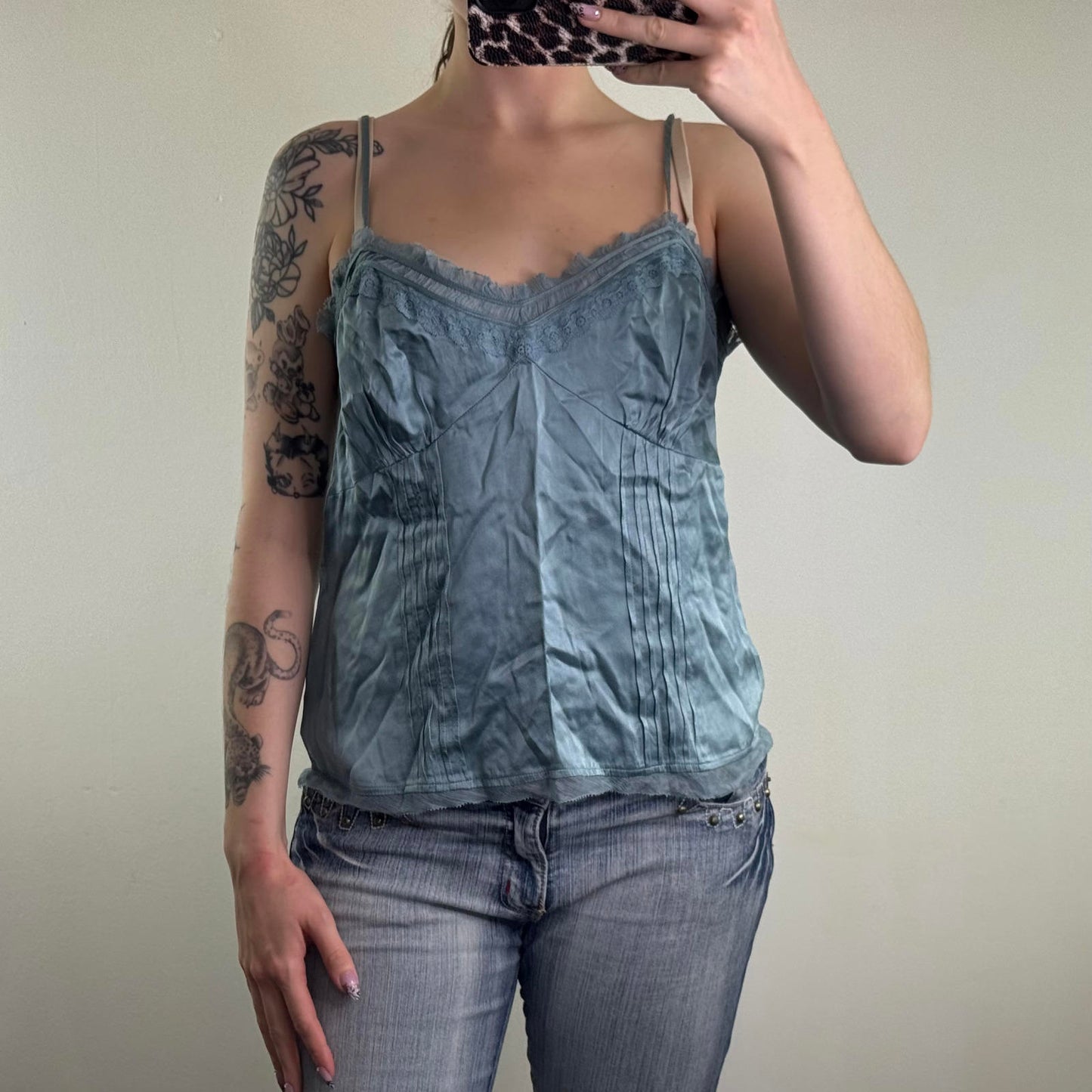 Y2K vintage 100% silk cami top lace trim strappy light blue shiny v neck