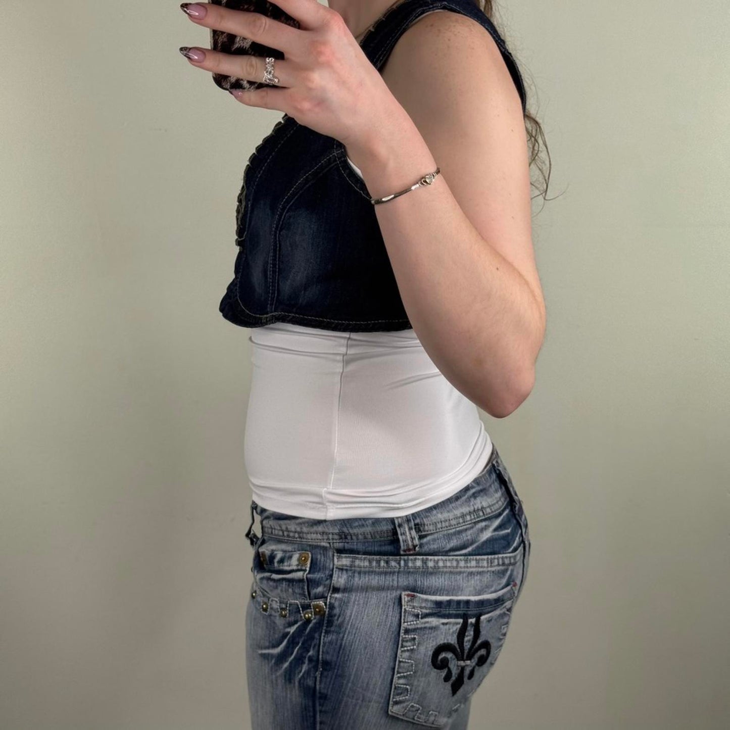 Y2K vintage denim waistcoat top cropped v neck frill hook and eye faded blue