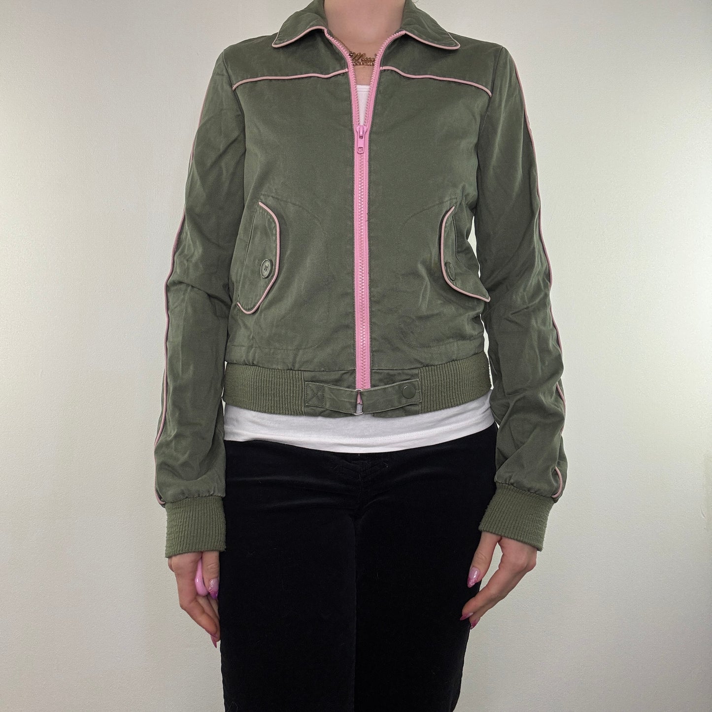 Y2K vintage zip up jacket pink pocket detailing pockets military