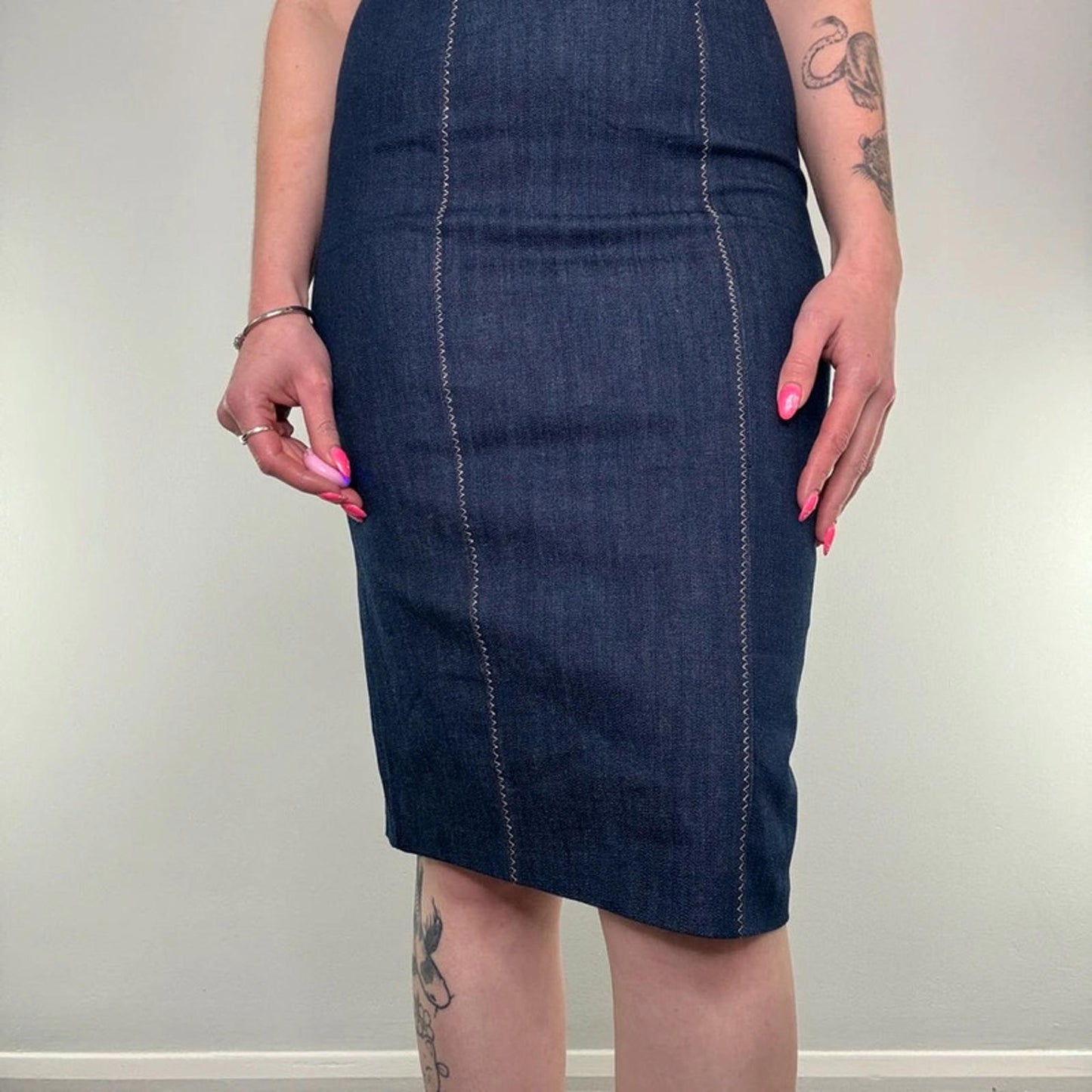 Y2K vintage fitted strapless denim midi dress contrast stitch