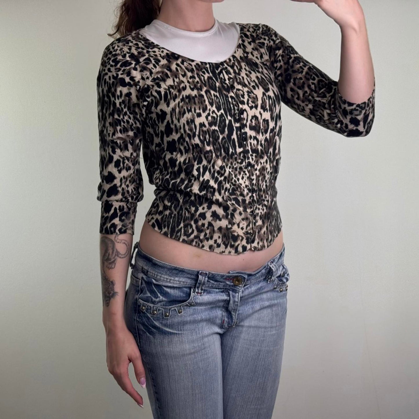 Y2K vintage New Look fine knit leopard print cardigan button up 3/4 sleeve