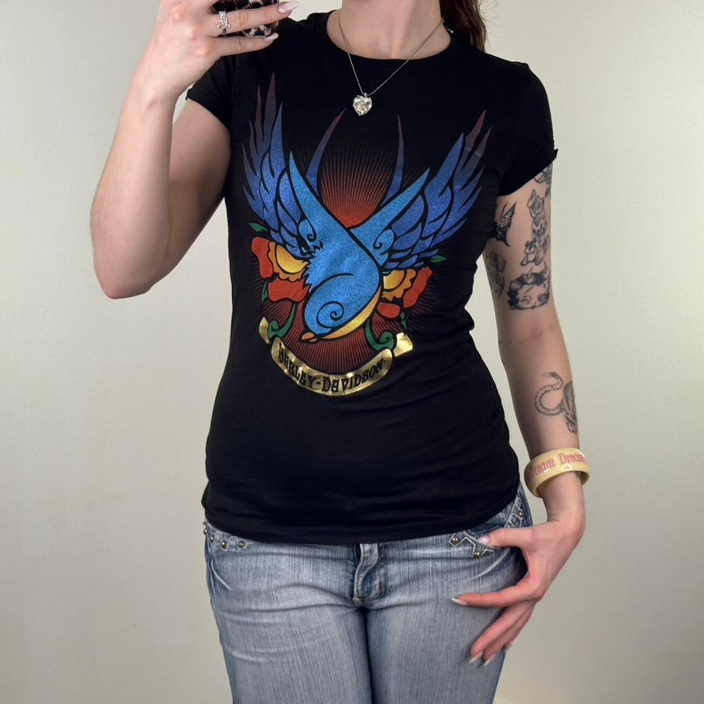 Y2K vintage Harley Davidson t-shirt short sleeve top bird graphic print