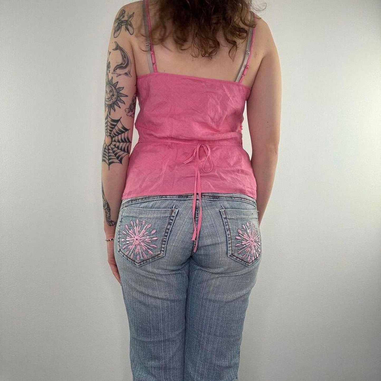 Y2K vintage 100% linen cami top adjustable bow beaded embroidered stripes v neck