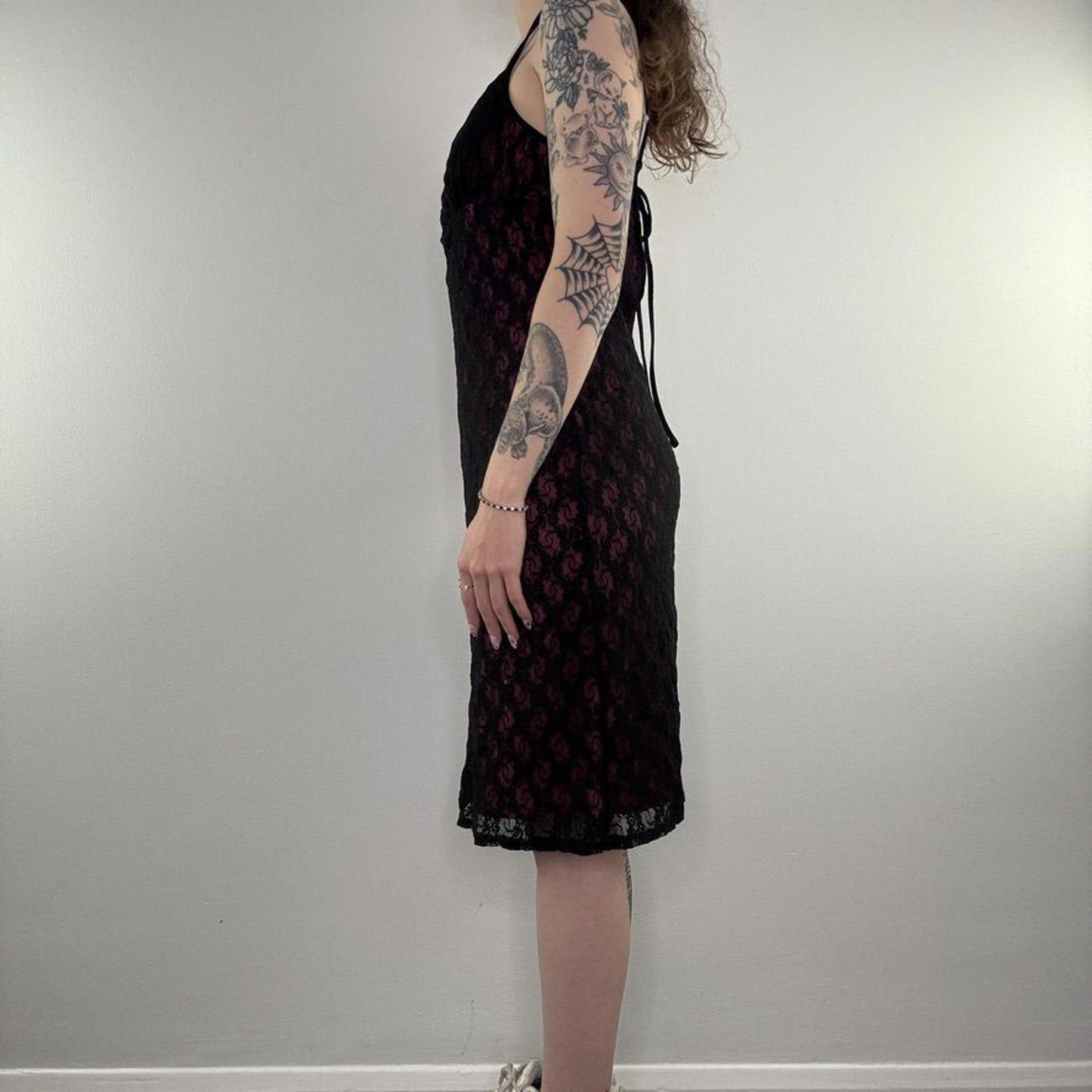 Y2K vintage midi dress mesh overlay floral lace open low back bow pink black