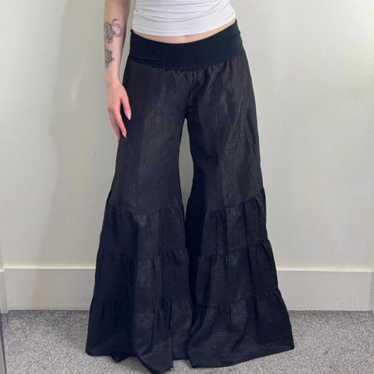 Y2K vintage wide leg trousers flare fold over waistband tiered style balloon