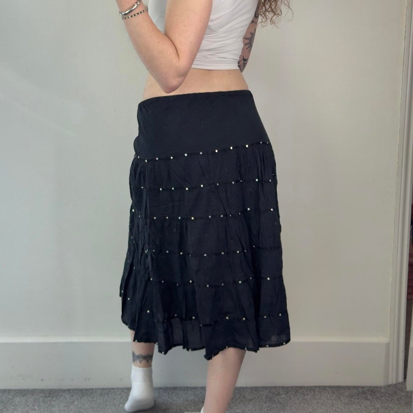 Y2K vintage tiered boho sequin a line floaty midi skirt boho festival cotton