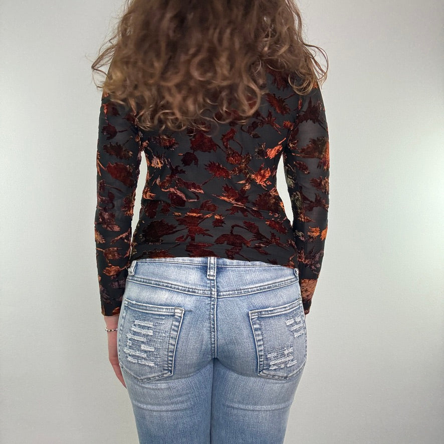 90s Y2K vintage mesh floral velvet v neck long sleeve top