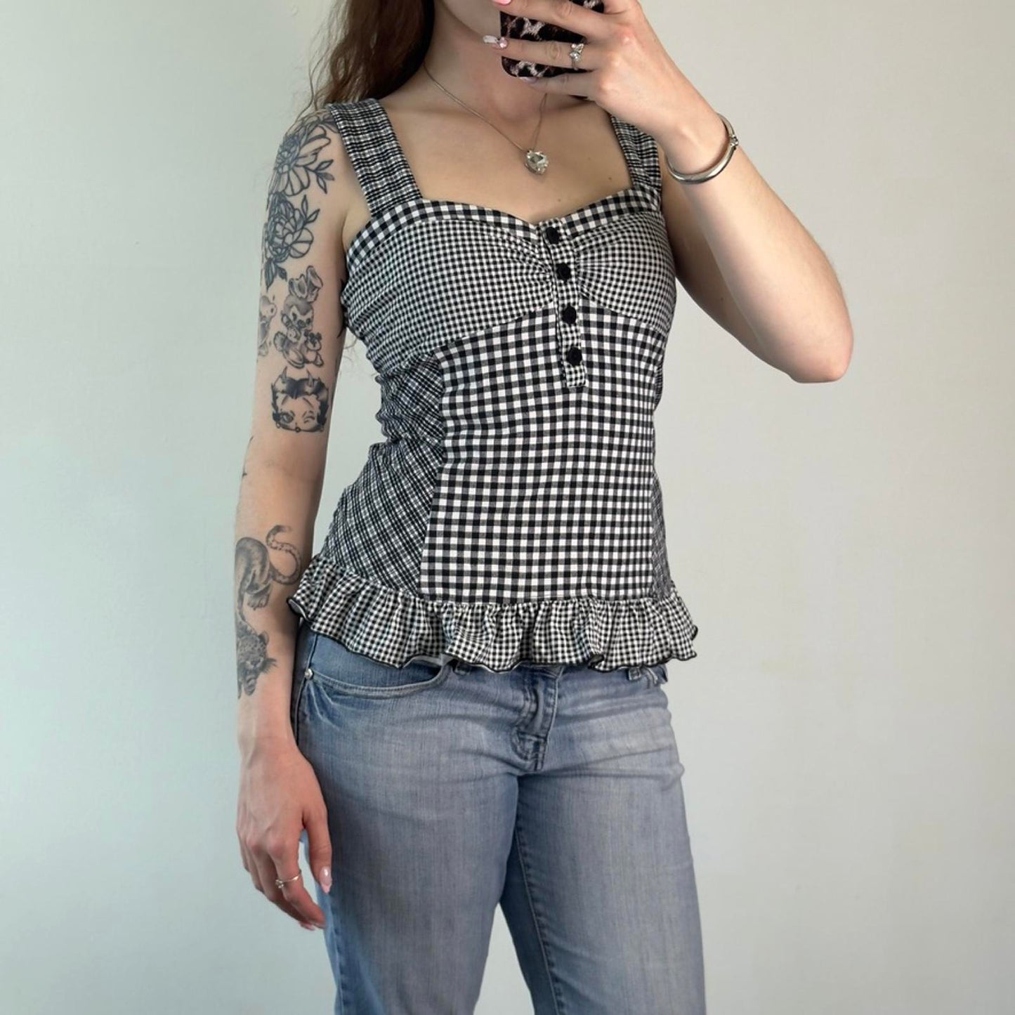 Y2K vintage gingham tartan frilly tank top lace up detail sweetheart neck