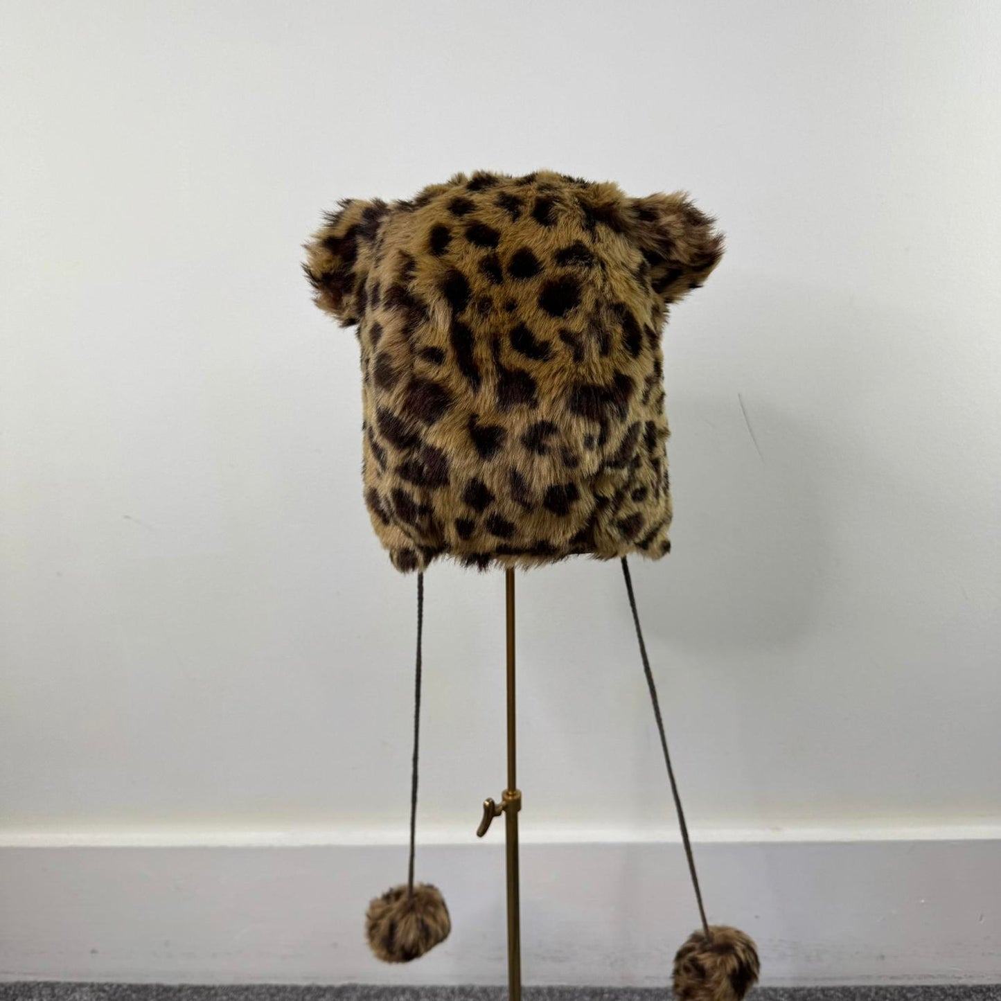 Y2K vintage trapper bear hat faux fur leopard print ears pom poms satin lined