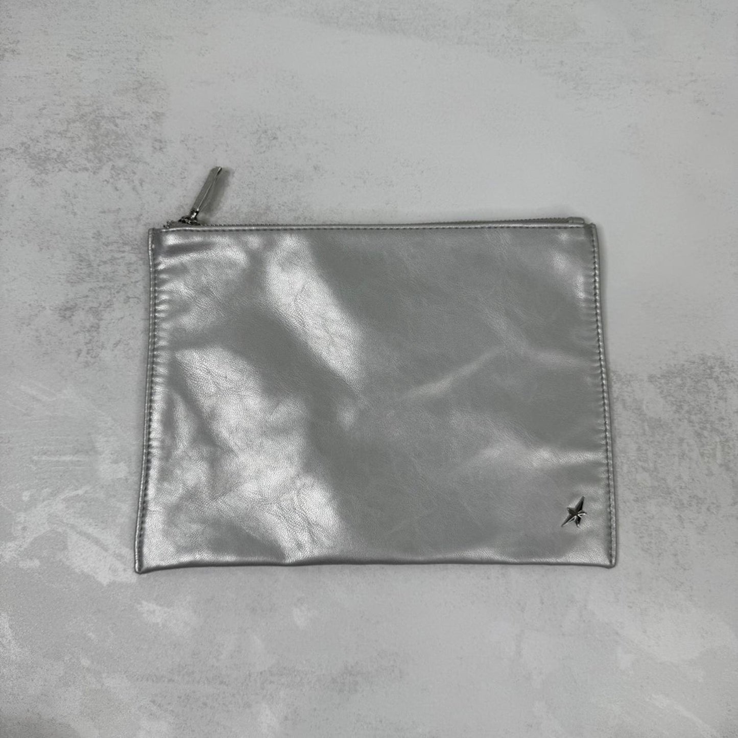 Mugler Parfums large cosmetic bag wash clutch silver grey star faux leather