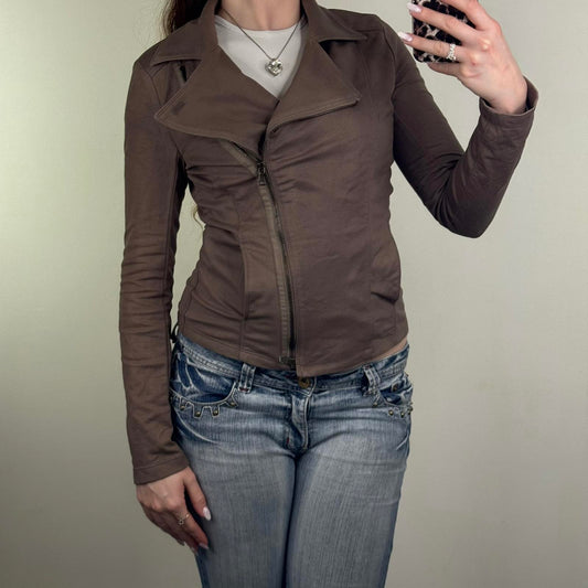 Y2K vintage archive asymmetrical zip up jumper fitted light brown stretchy