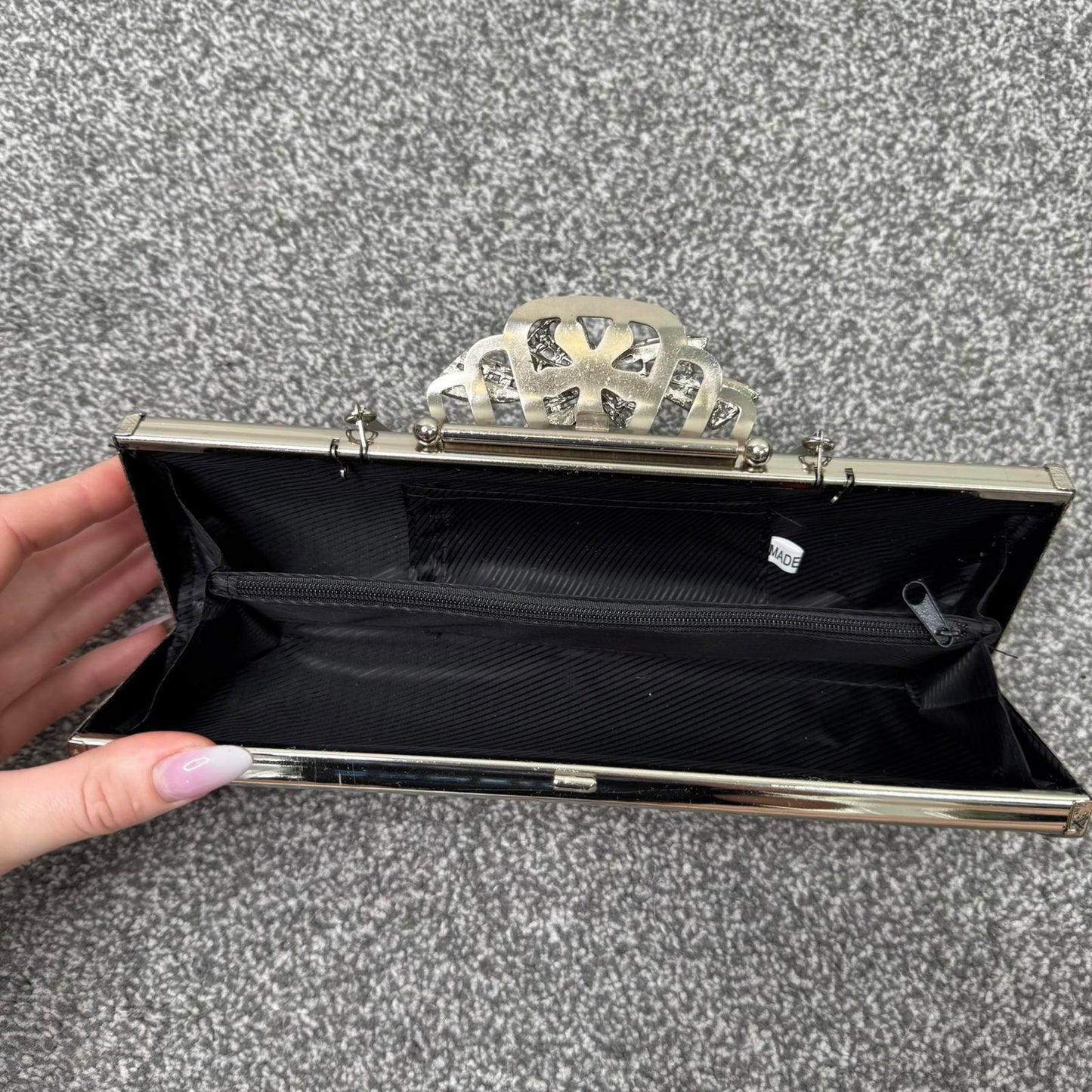 Silver tone ornate metal evening clutch bag with handle baguette long small