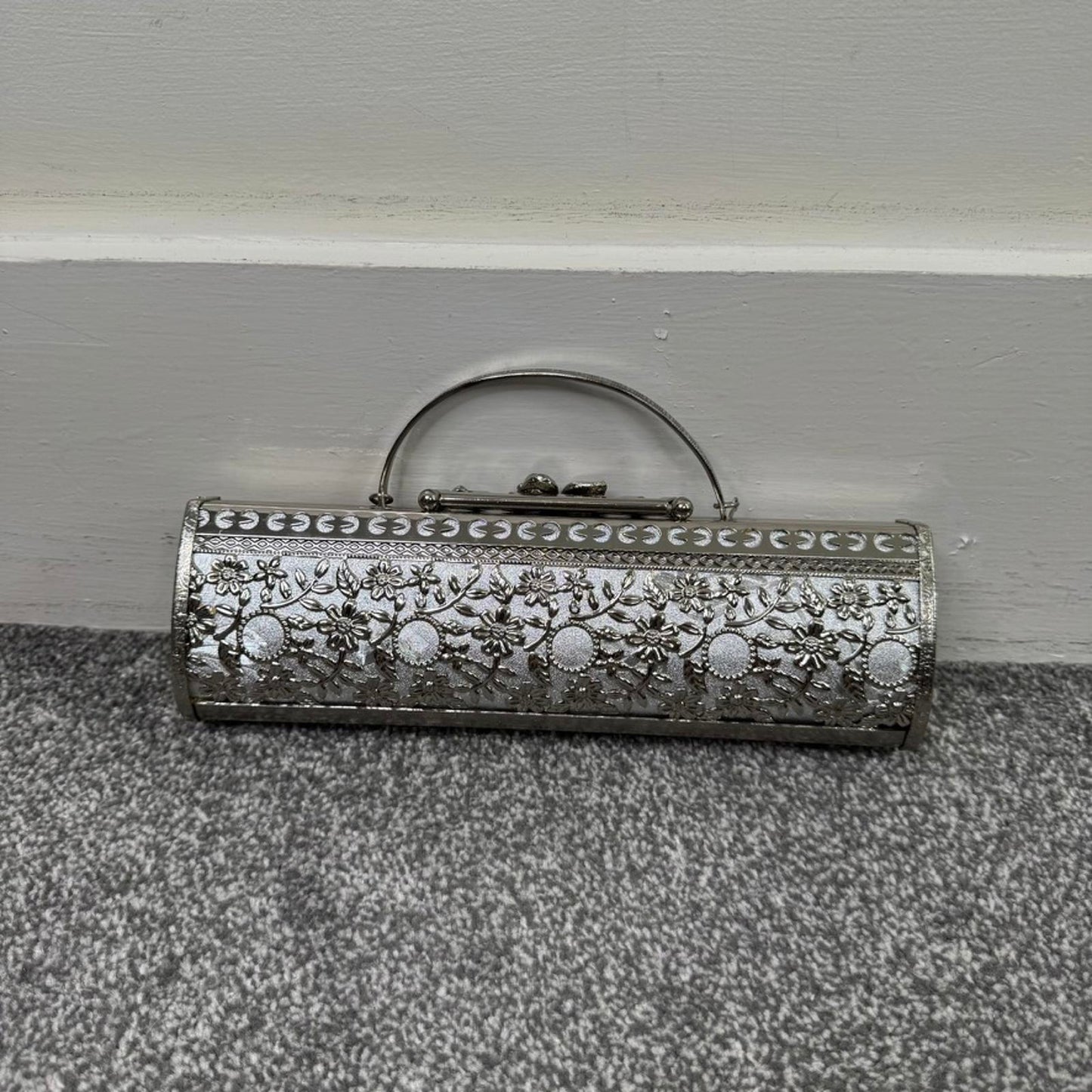 Silver tone ornate metal evening clutch bag with handle baguette long small