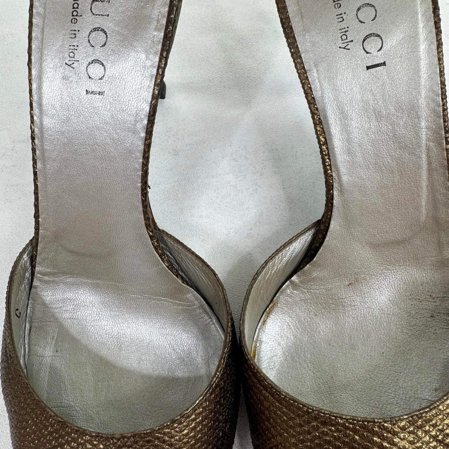 Y2K vintage Gucci by Tom Ford Gold Leather Heels with Ankle Strap Snake