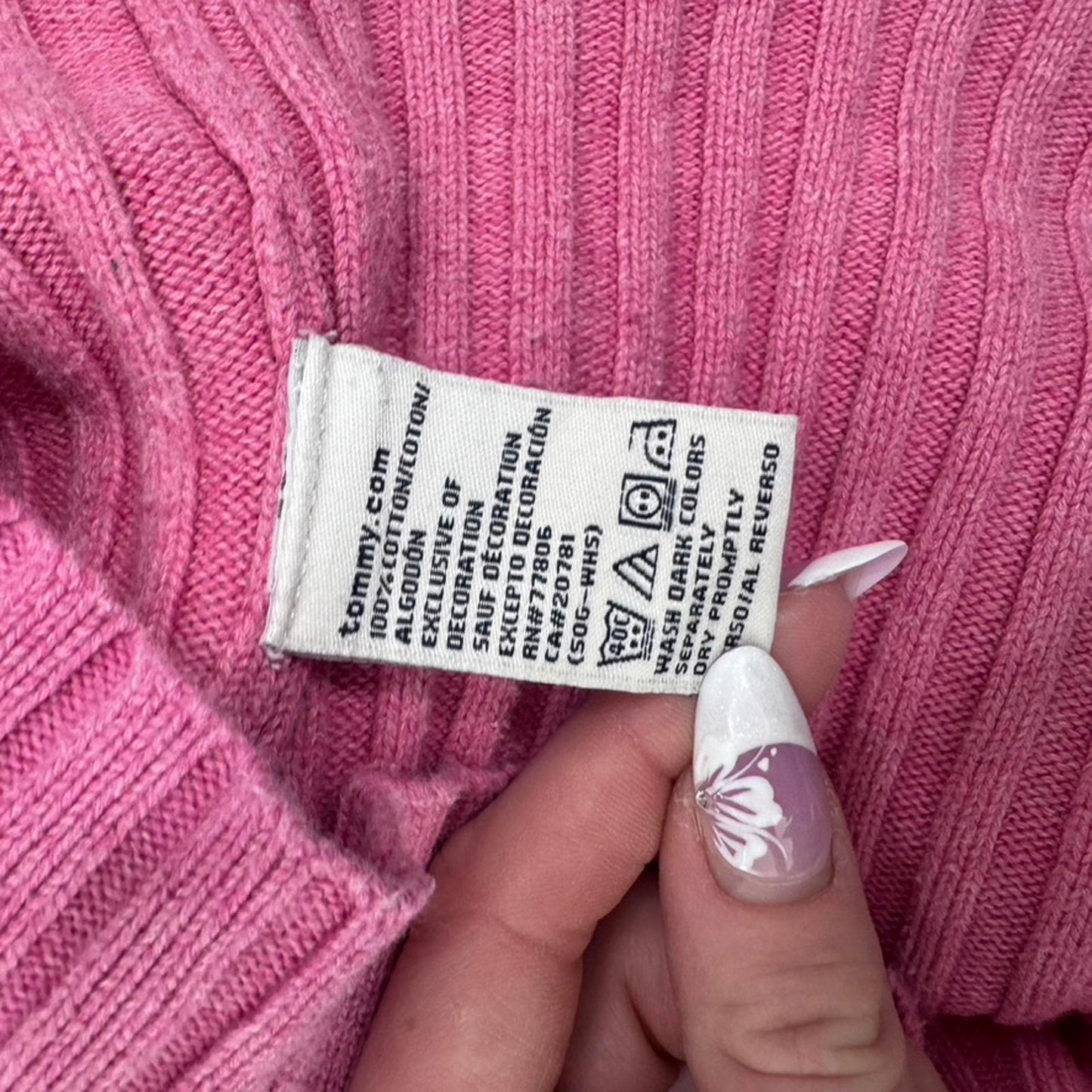 90s Y2K vintage Tommy Hilfiger jumper henley ribbed high neck pink white knit