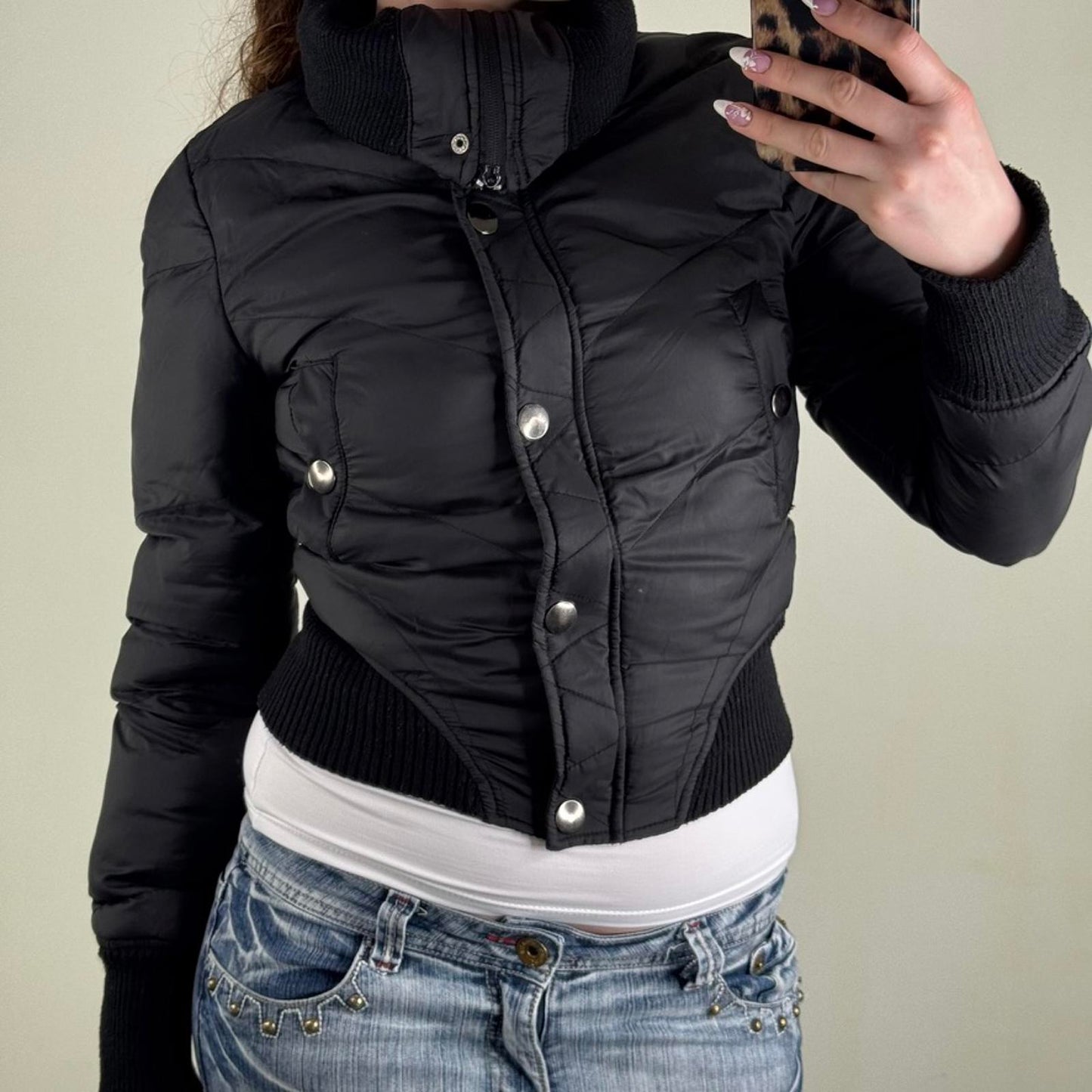 Y2K vintage zip up bomber jacket cropped short length high neck puffer