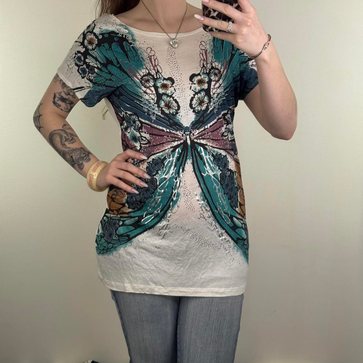 Y2K vintage butterfly slouchy t-shirt short sleeve top deep open v back graphic
