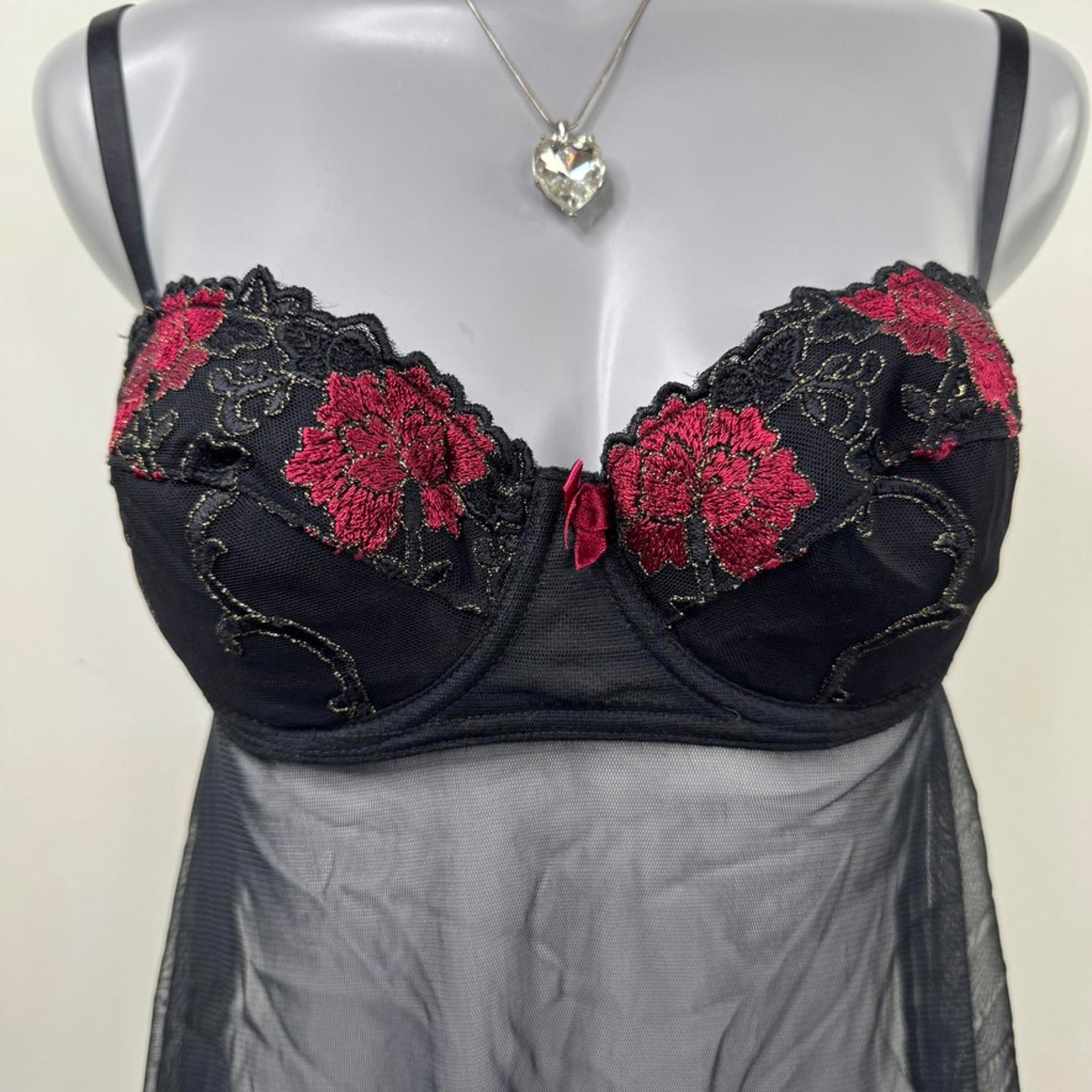 Y2K vintage mesh babydoll underwire floral embroidered bow adjustable straps