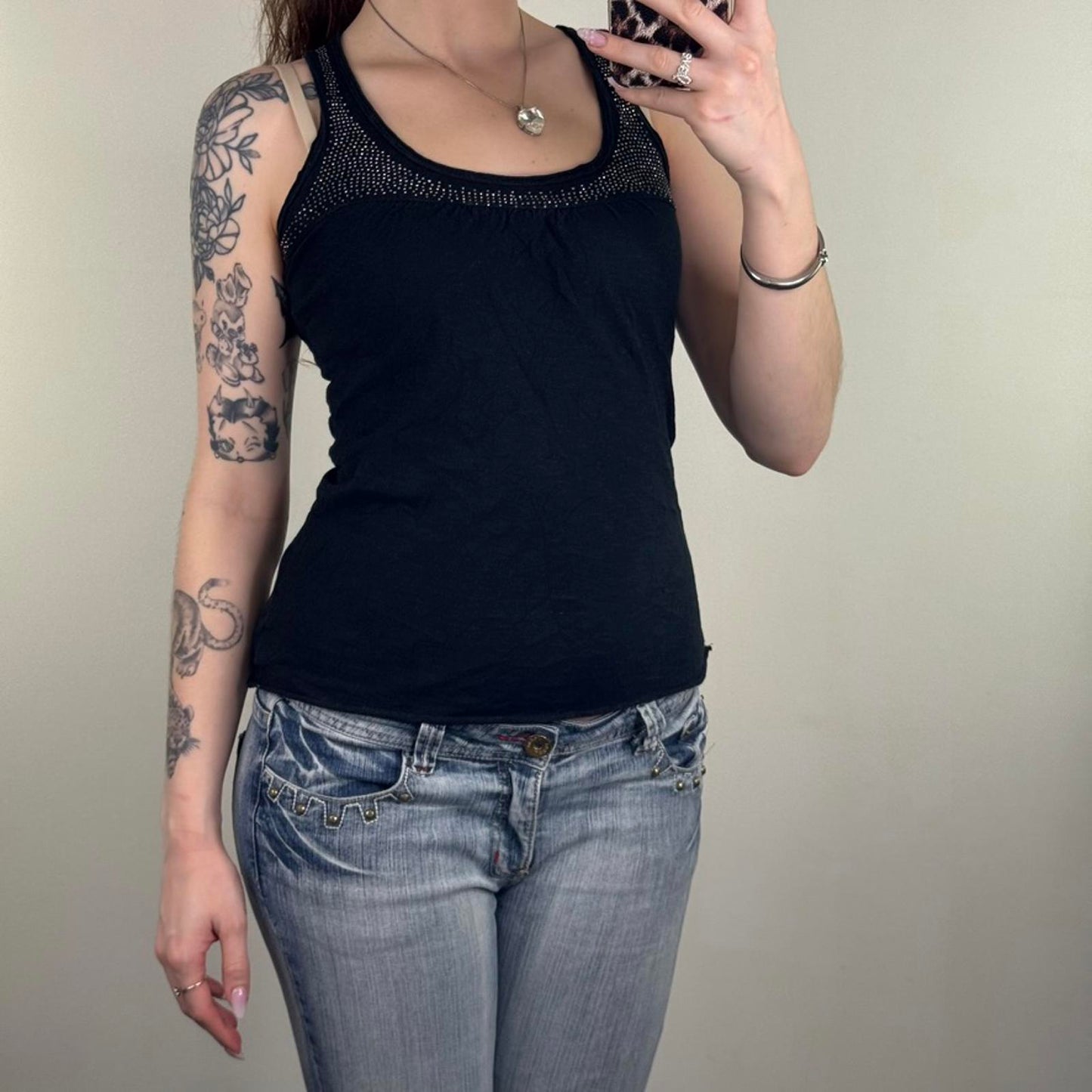 Y2K vintage tank top studded round neckline archive black flattering fit