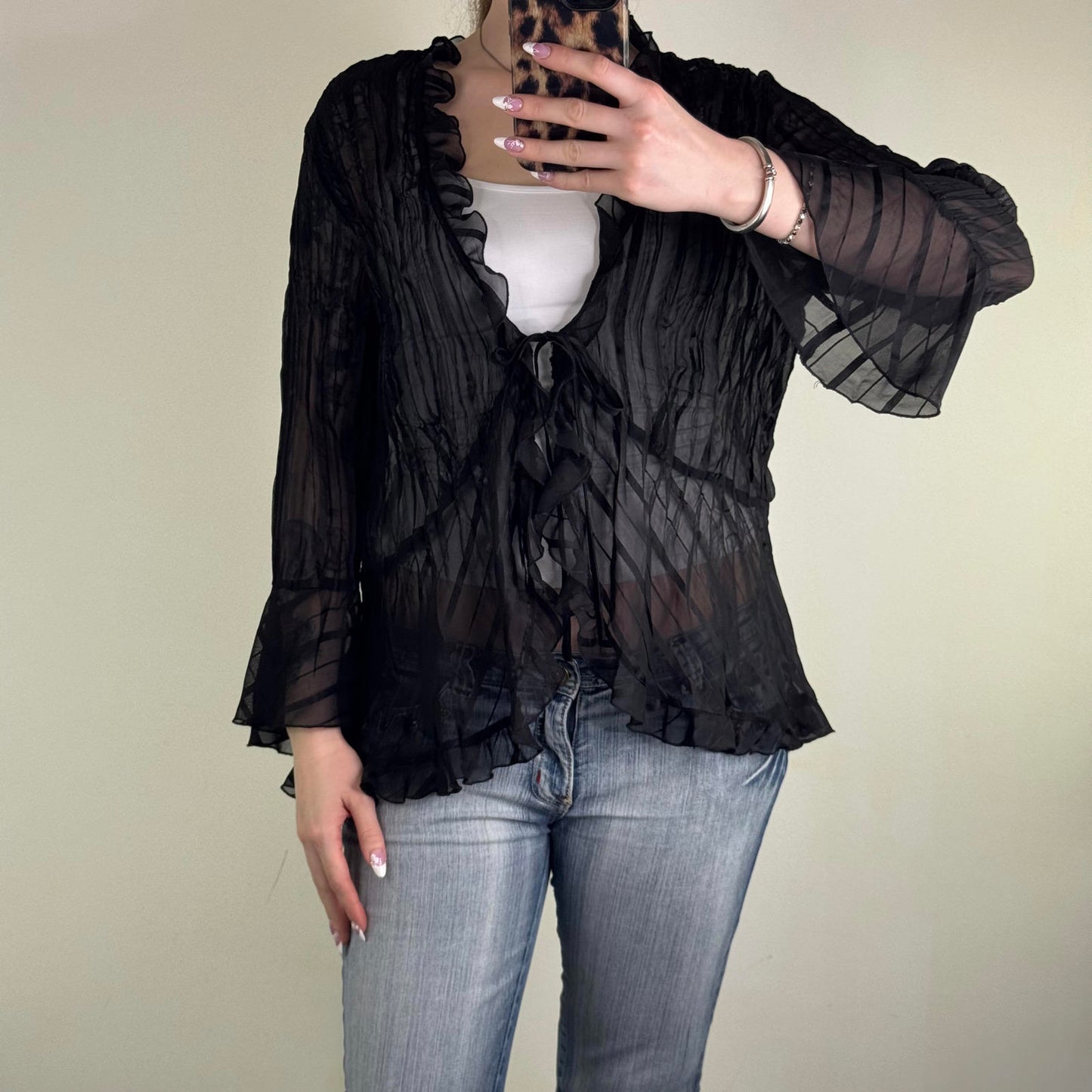 Y2K vintage sheer blouse tie bow front flare sleeve v neck frilly pleated black
