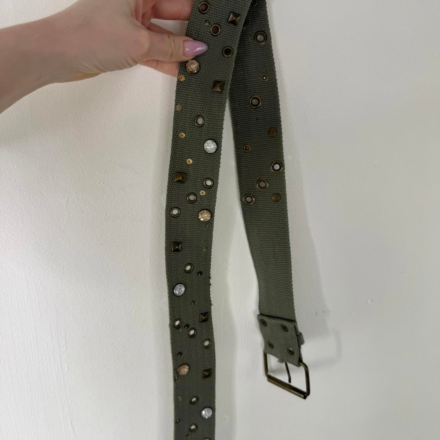Y2K vintage canvas belt studded rhinestone grommet cargo khaki