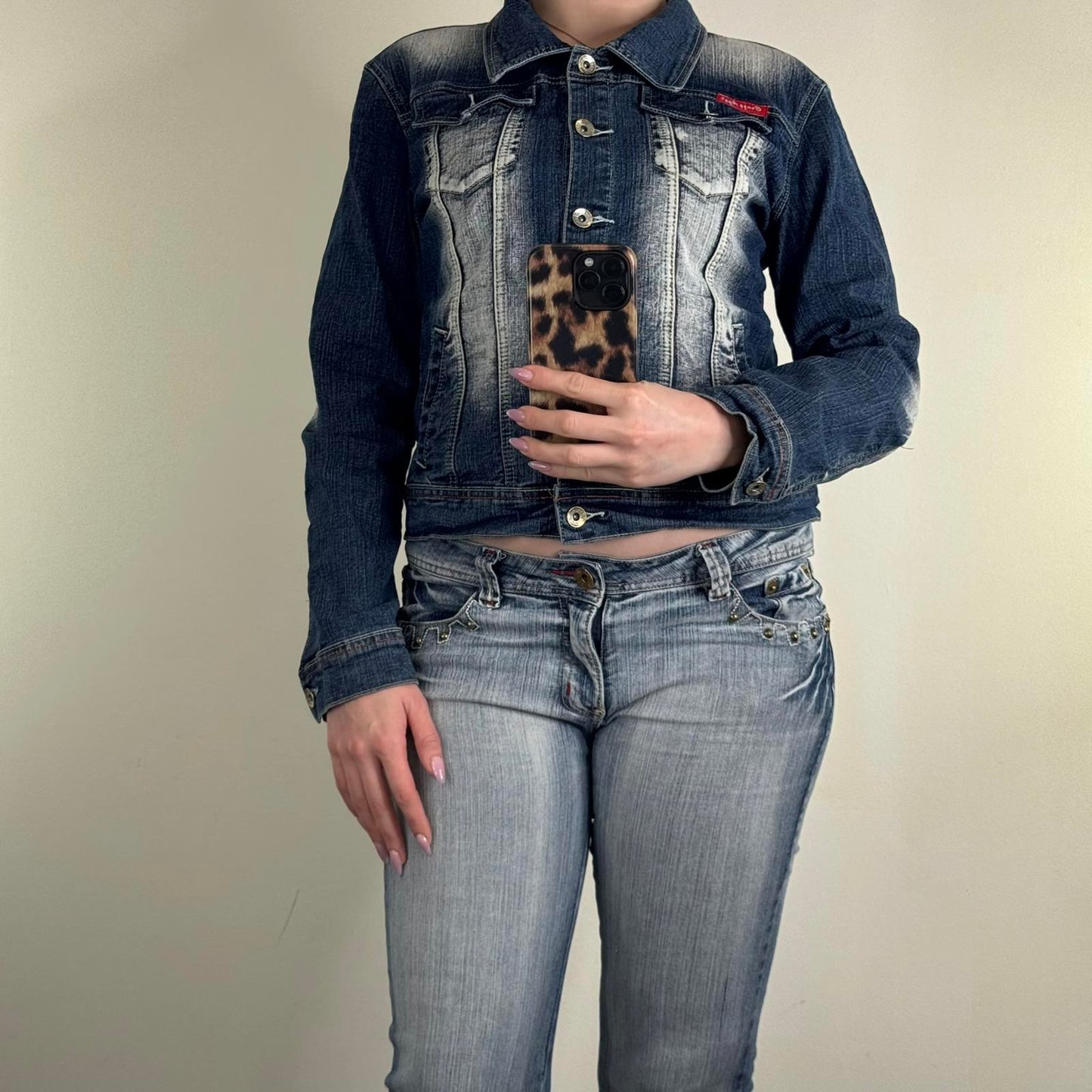 Y2K vintage Crazy Age denim jacket button up panther embroidery stretchy