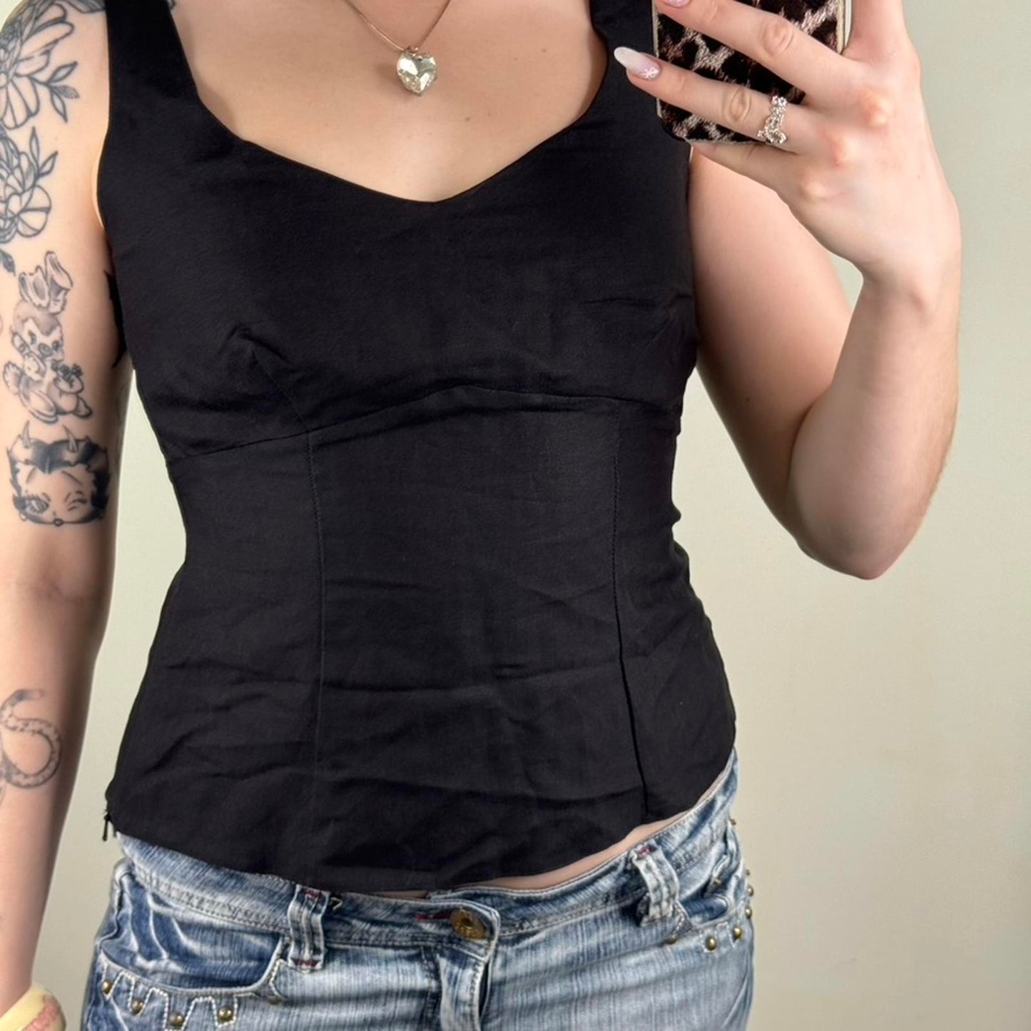 Y2K vintage linen blend tank fitted v neck tank tailored fitted black