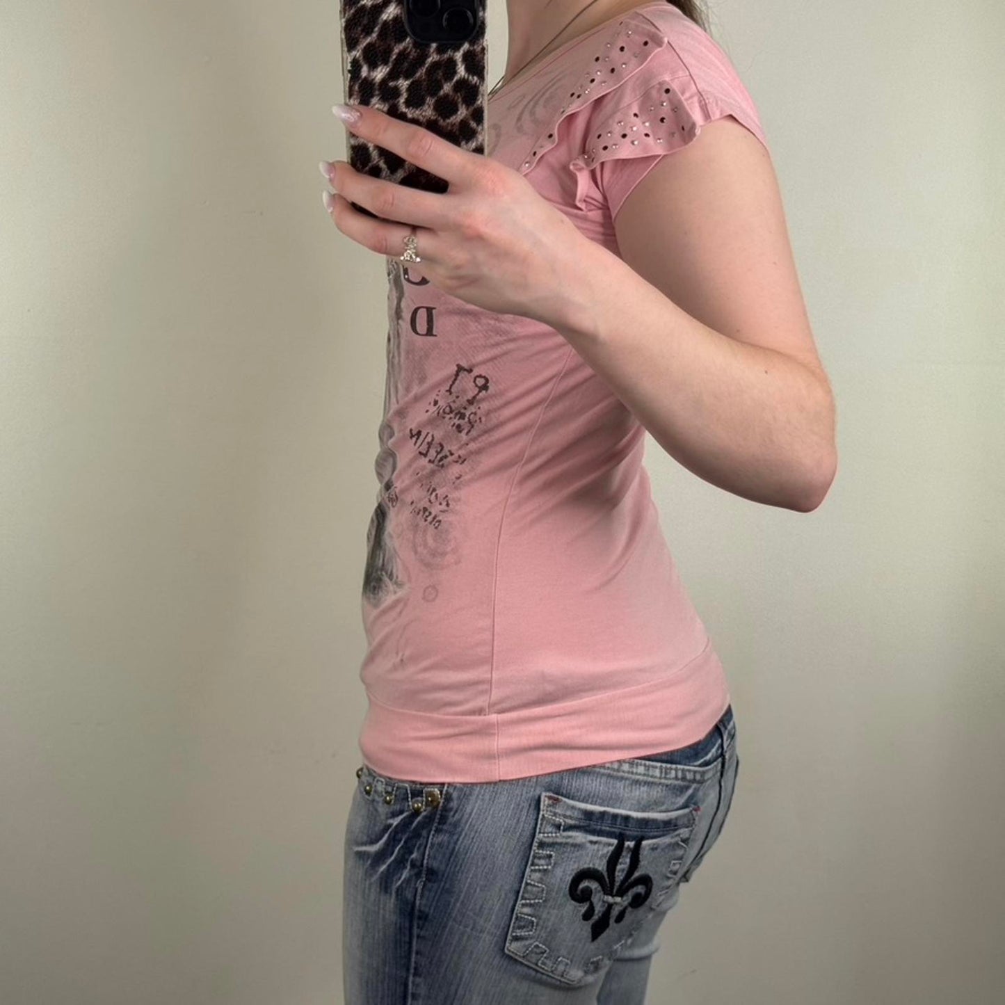 Y2K vintage graphic print top short sleeve dog yorkshire terrier studded pink
