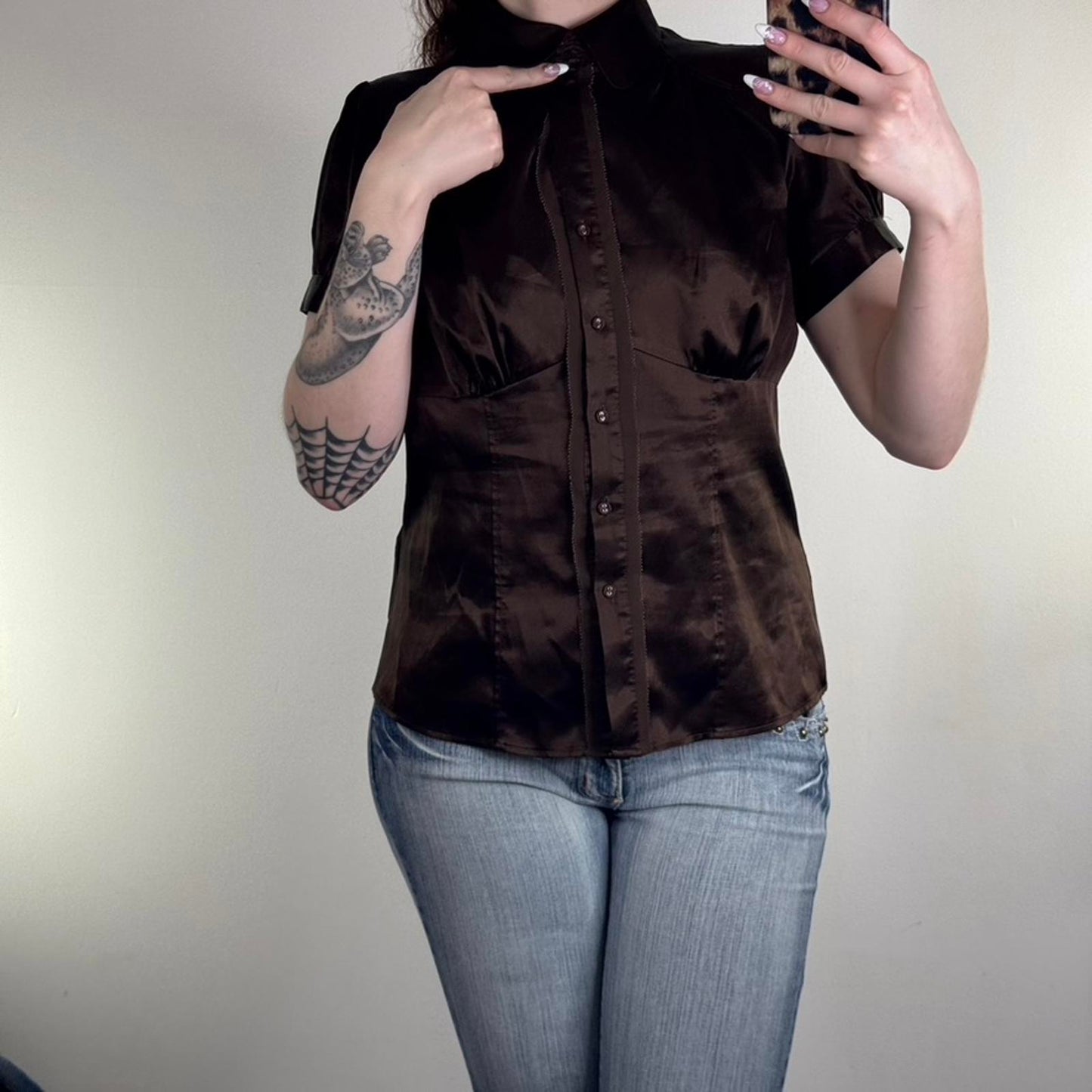 Y2K vintage blouse button up fitted cap short sleeve satin ruched shirt brown
