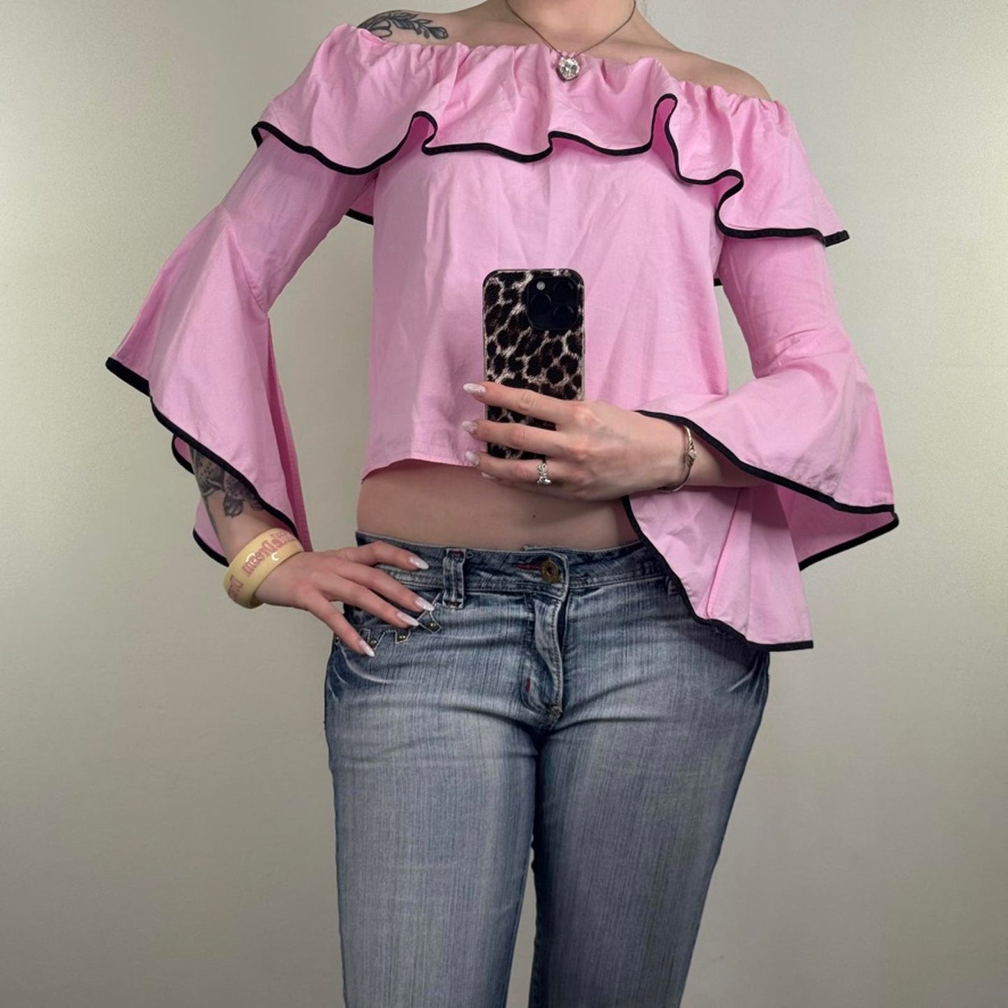 Y2K vintage off the shoulder top flare frill sleeve ruffle cropped going out