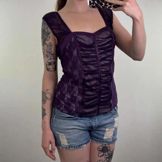 Y2K vintage ruched lace mesh cap sleeve top milkmaid purple sheer 'corset' style