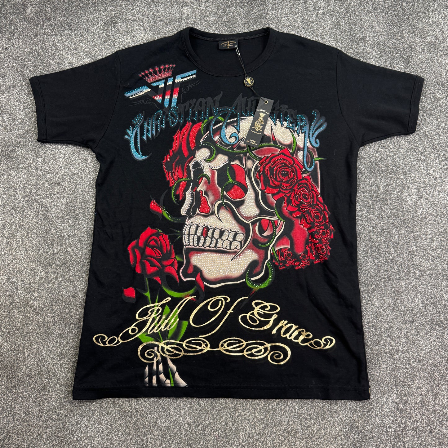 Y2K Christian Audigier rhinestone skull t shirt top