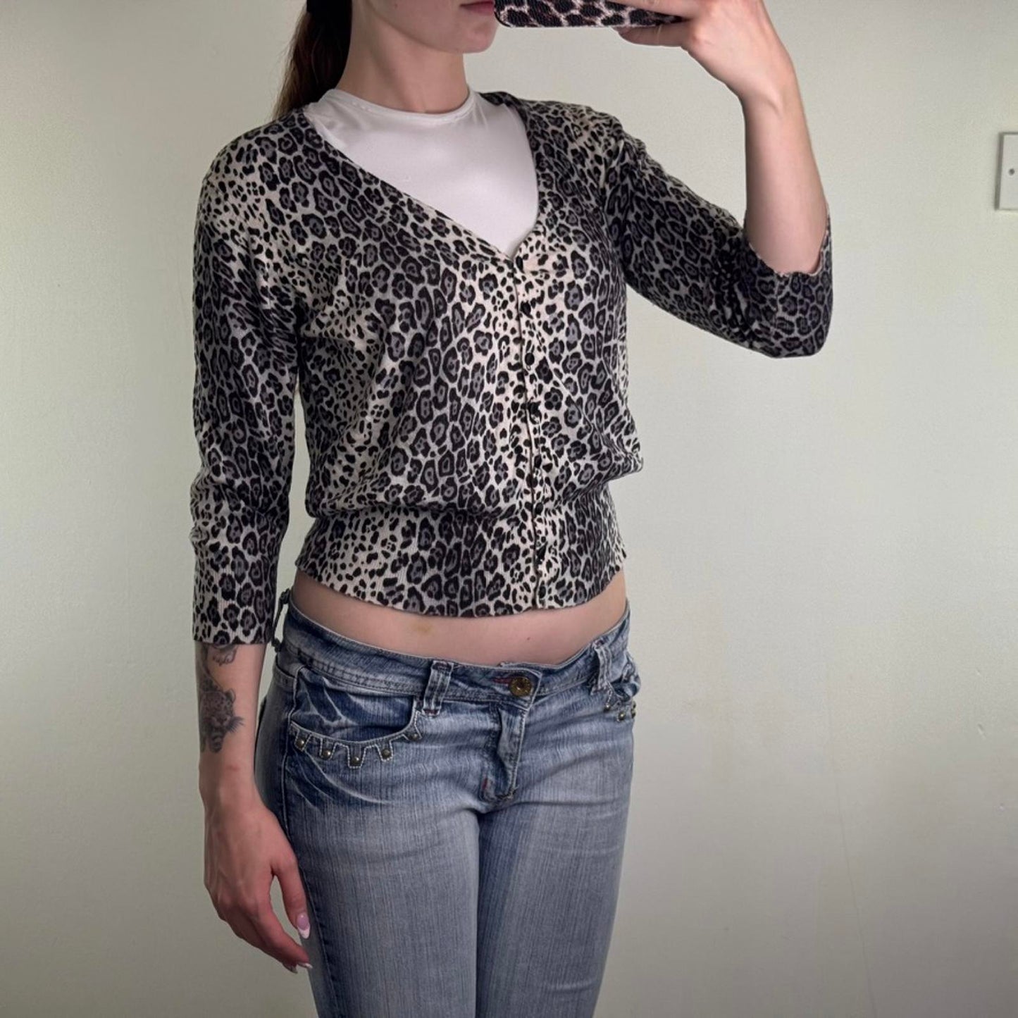 Y2K vintage leopard print fine knit button up cardigan grey black