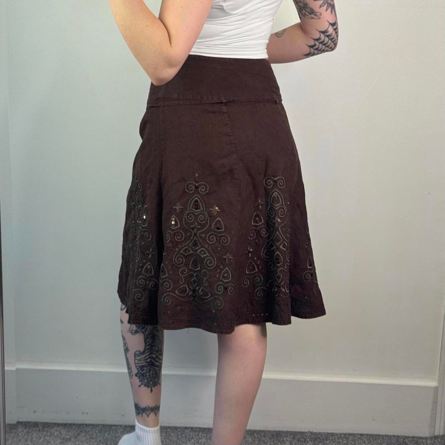 Y2K vintage 100% linen sequin embroidered embellished midi skirt a line belt