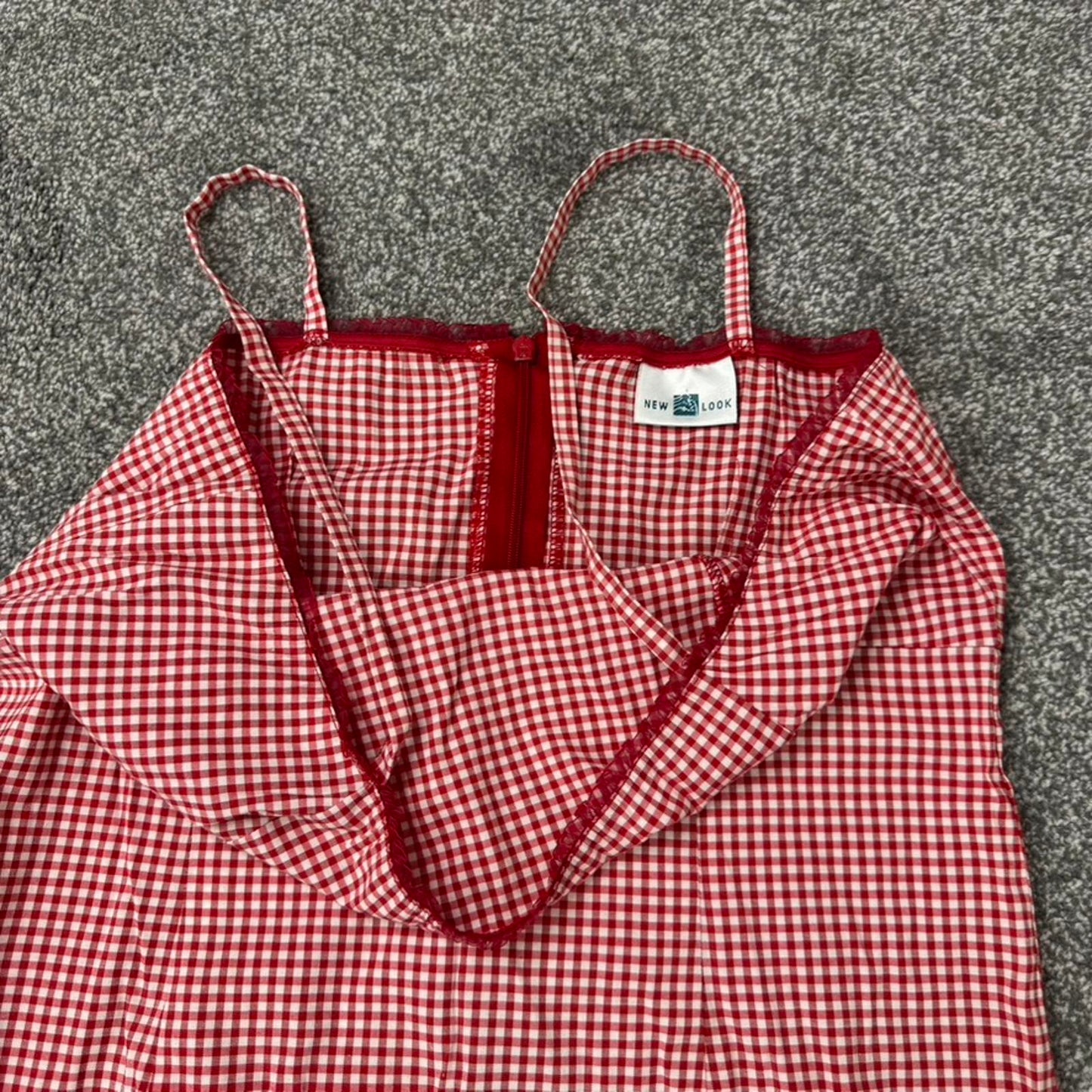 90s Y2K vintage gingham milkmaid midi dress frill bust trim red white stretchy