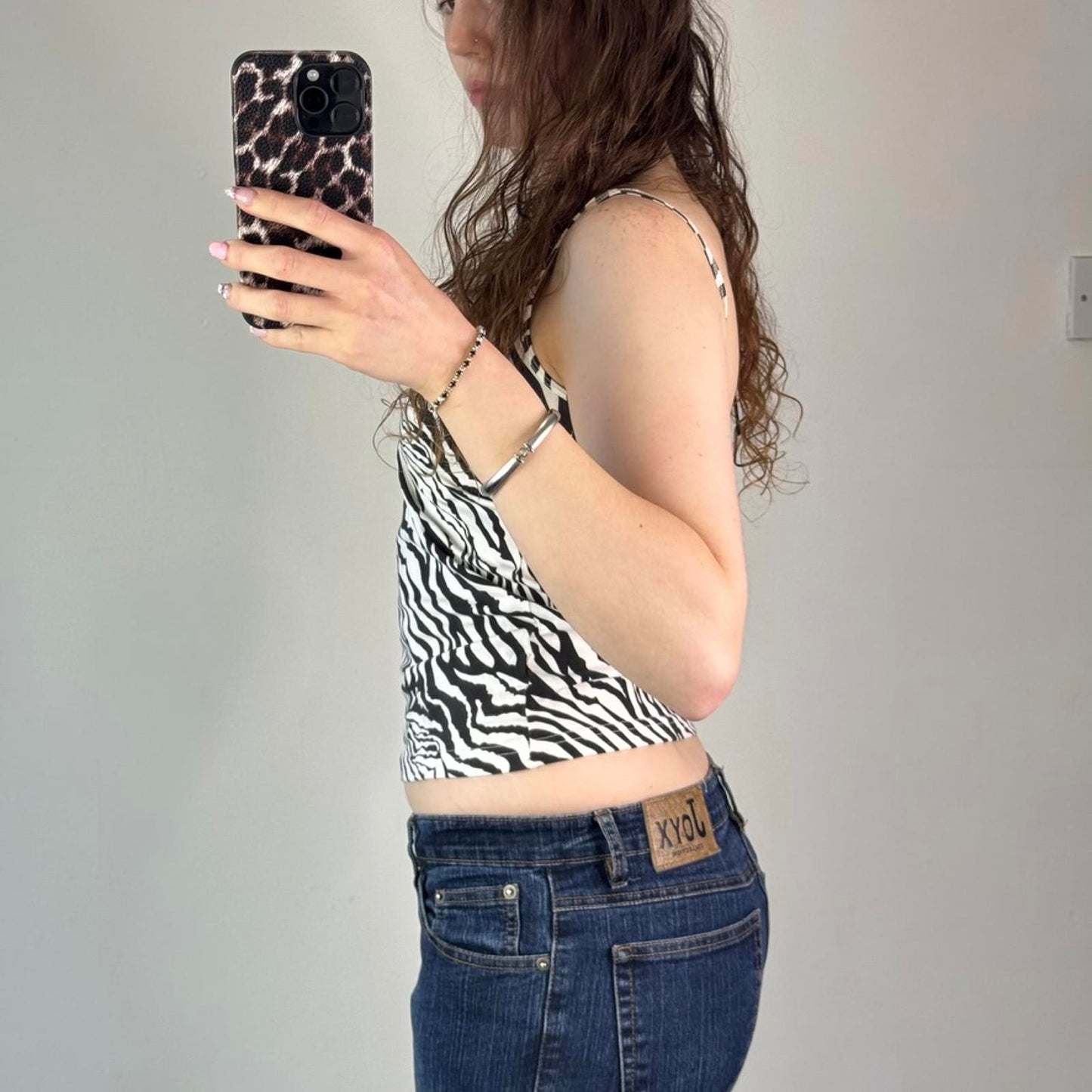 Y2K vintage halter neck zebra print cami top beaded o ring square neck tropical