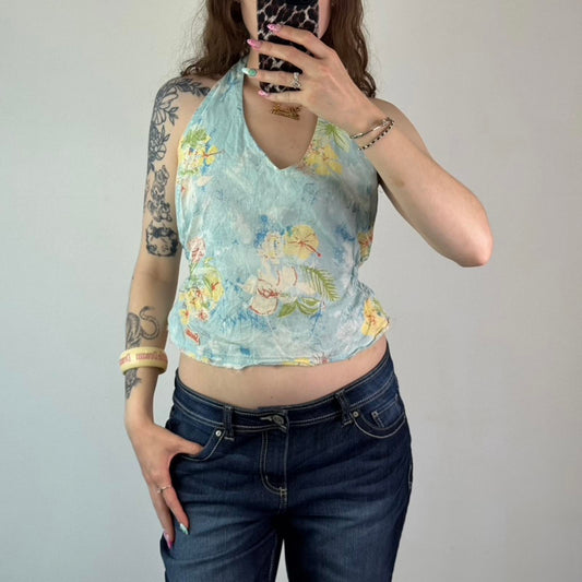 Y2K vintage hibiscus halter neck top floral summer coconut girl tropical- M