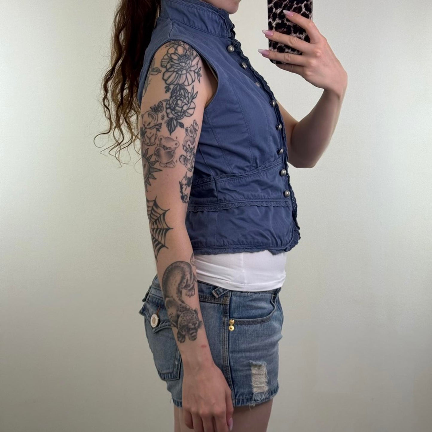 Y2K vintage hook and eye denim waistcoat top military high neck sleeveless