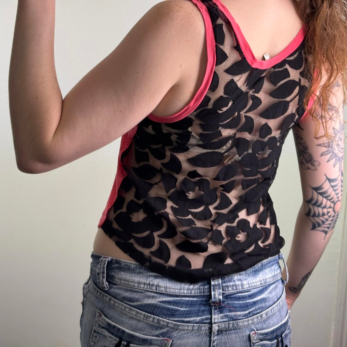 Y2K vintage bow sequin lace sheer back tank top fraying round neck slouchy