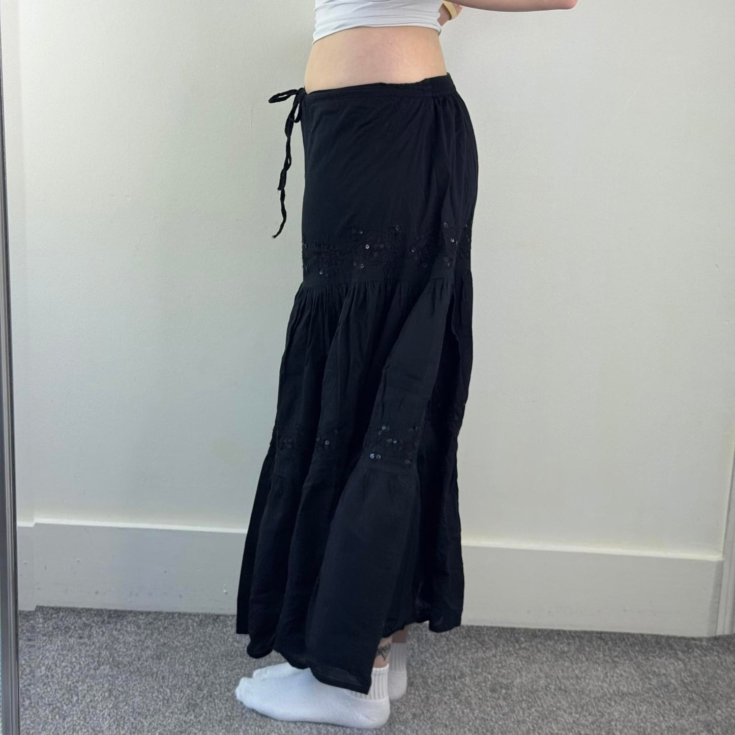 Y2K vintage boho maxi skirt sequin a line drawstring embroidery lightweight