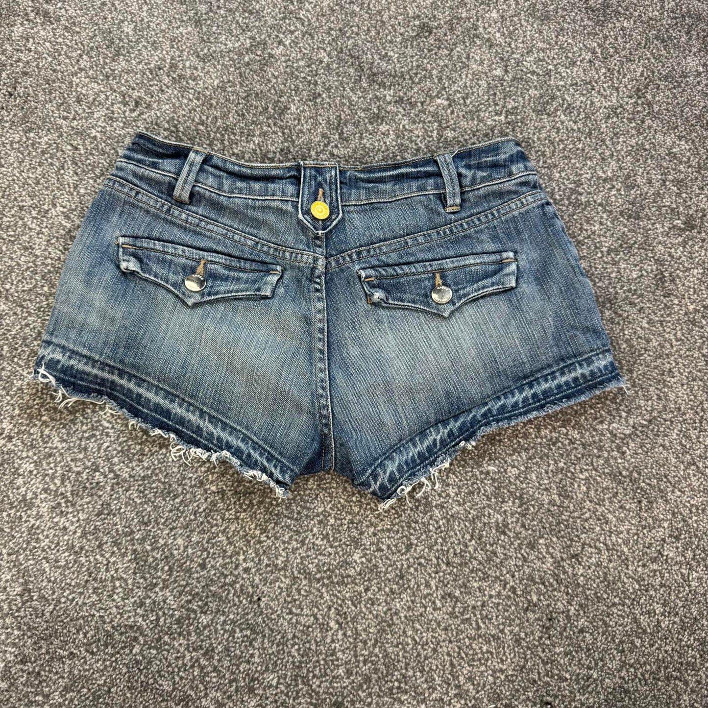 Y2K vintage Karen Millen low rise distressed denim mini shorts fraying hem